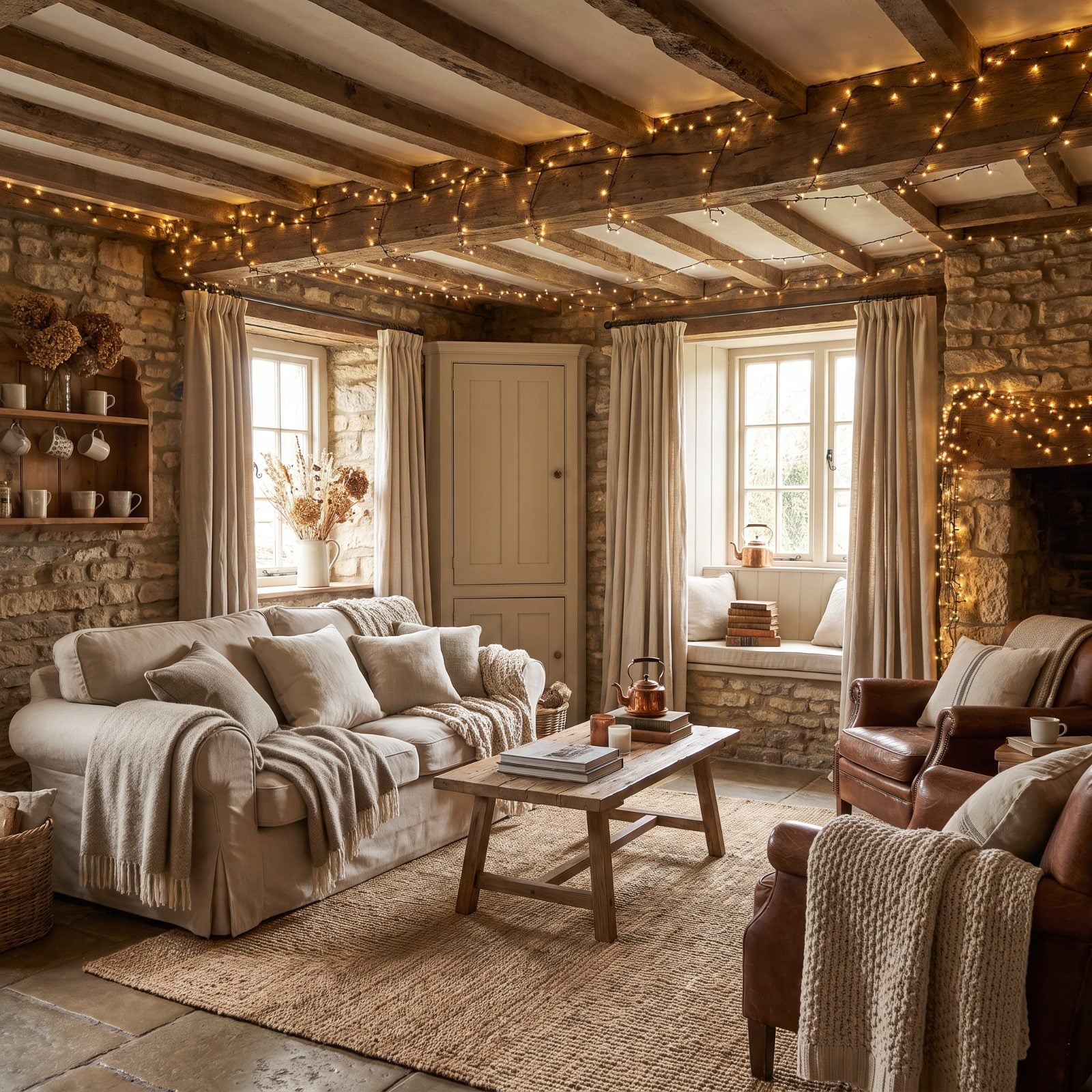 A Stone Cottage Room With Oatmeal Textiles and Tiny Lights