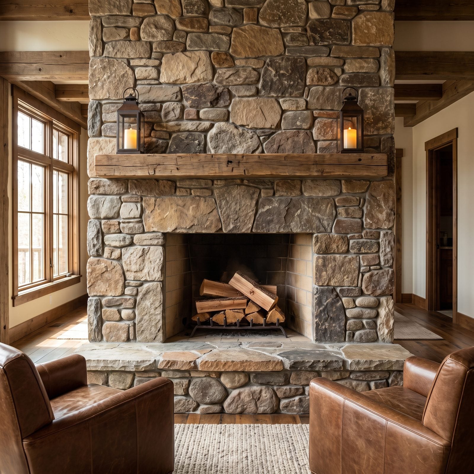 A Stone Fireplace With Cedar Logs and Two Lanterns