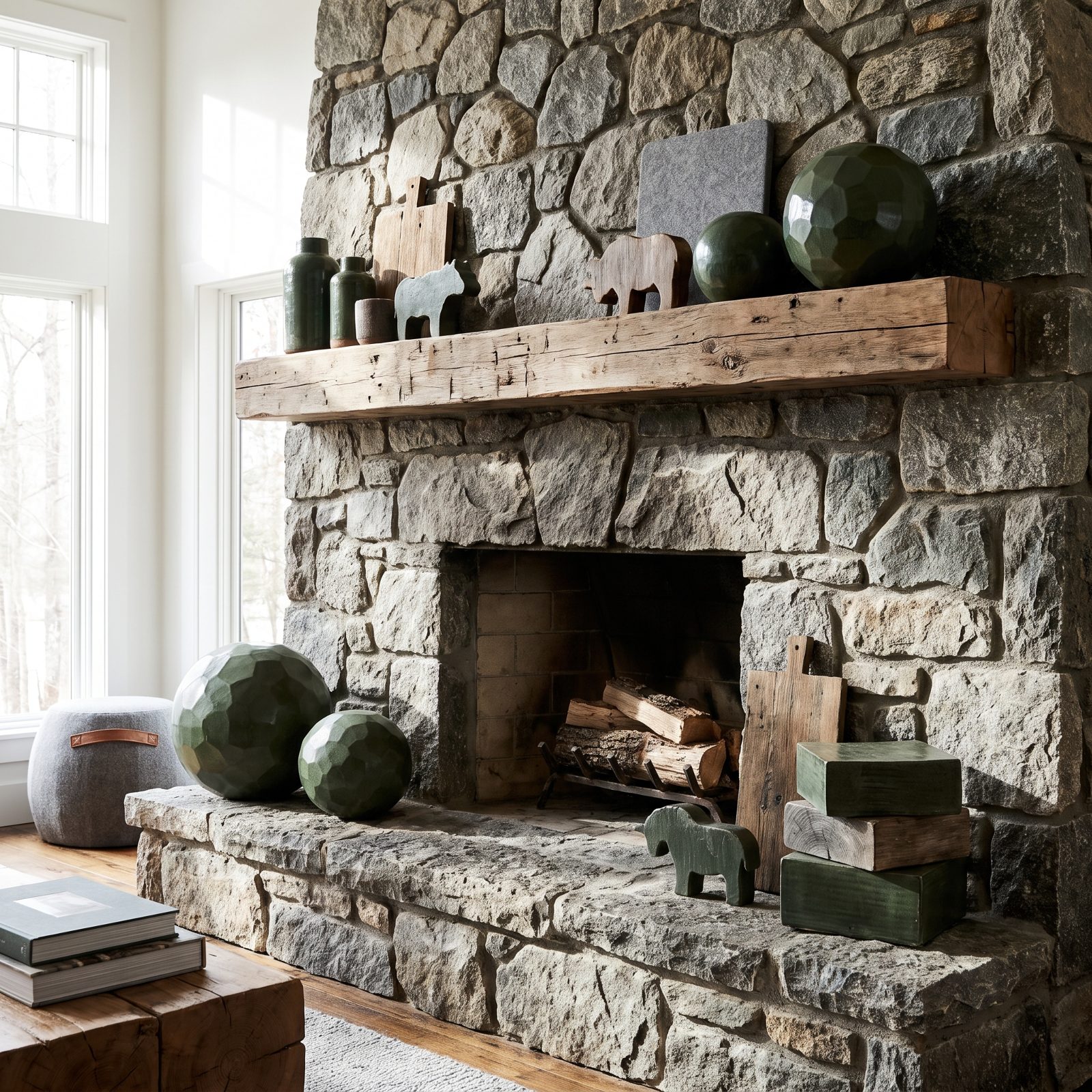 A Stone Fireplace Styled With Chunky, Simple Forms