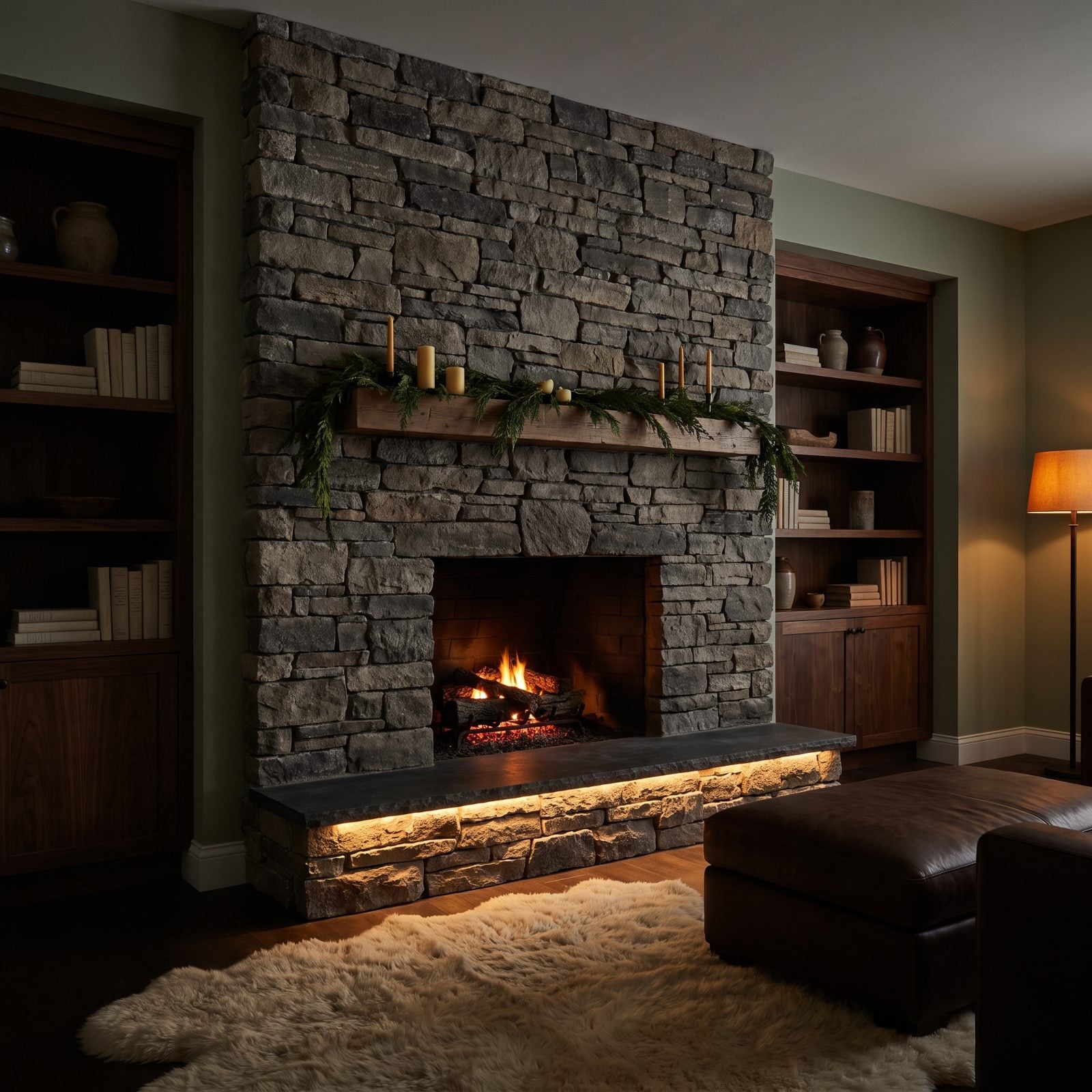 A Stone Fireplace Washed in Warm Amber Light