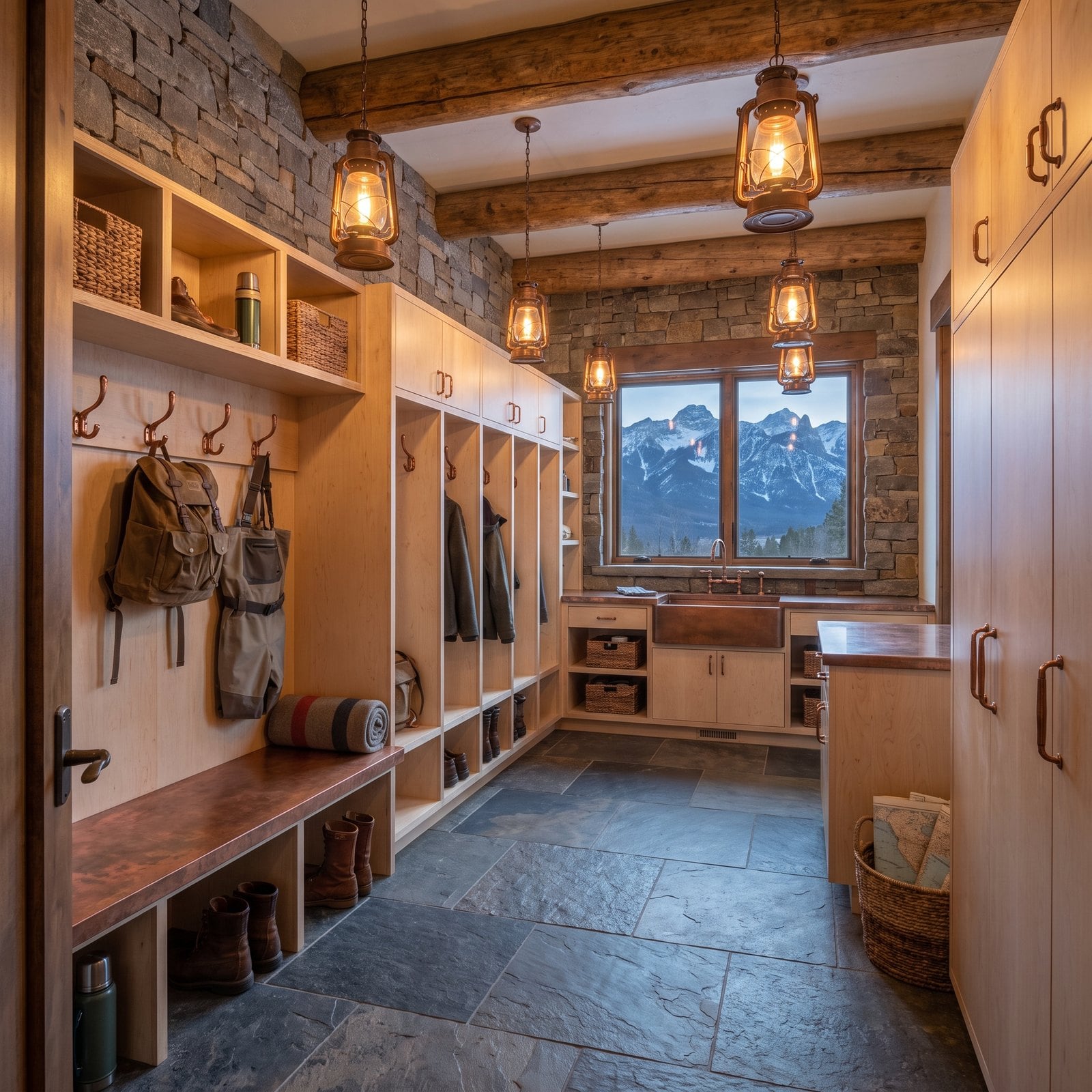 Stone, Timber and Copper Lanterns in a Mountain Lodge Gear Room