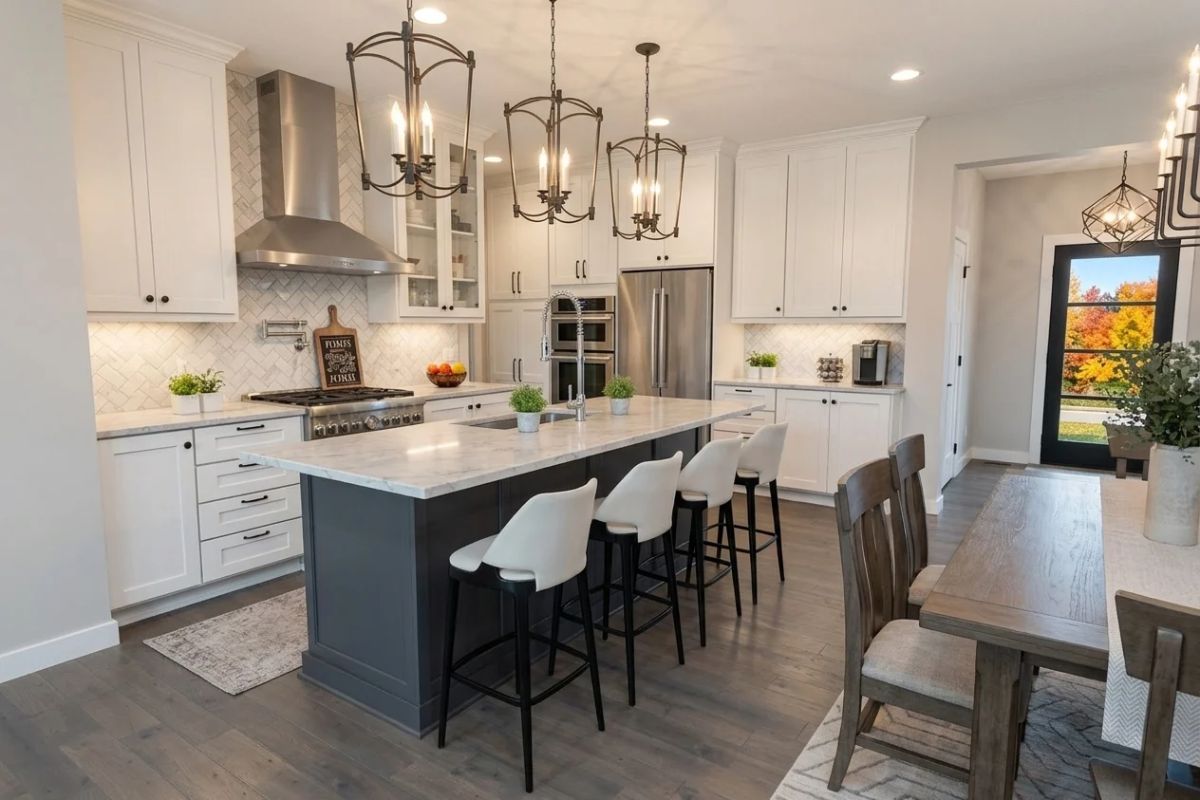 Dark Island, White Marble, Four Stools — the Kitchen That Actually Works