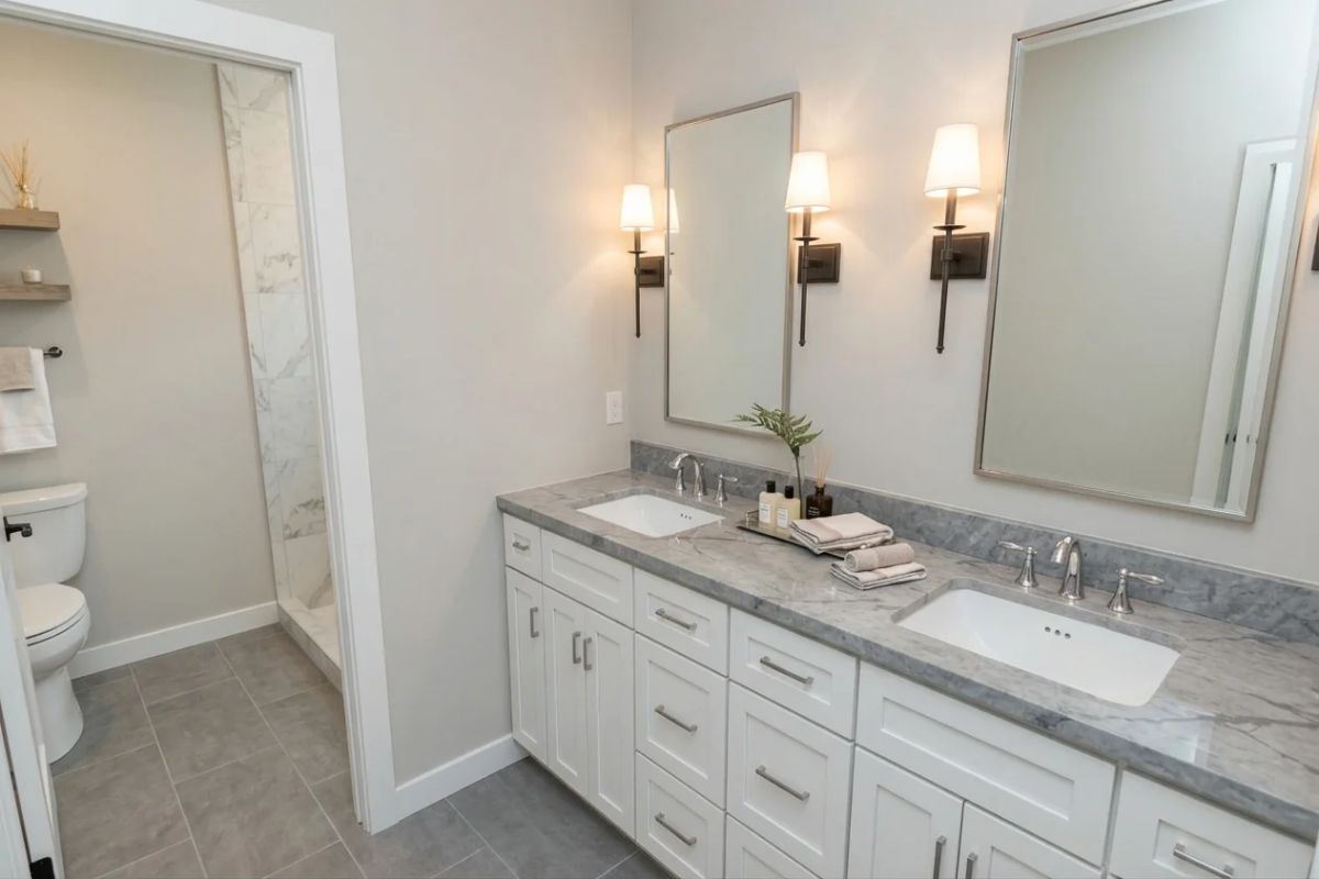 Double Vanity, Wall Sconces, and Marble That Earns Its Place