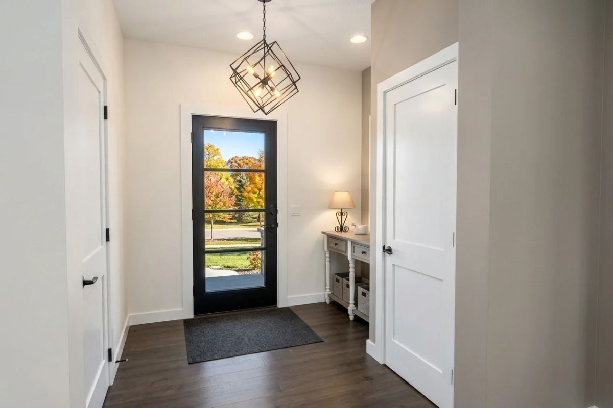 Geometric Pendant, Glass Door, Fall Color Outside — Foyer Goals