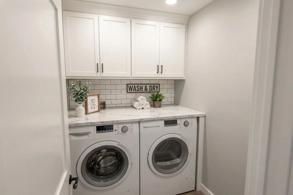 Marble Countertop Over the Washer and Dryer Is Doing a Lot of Heavy Lifting