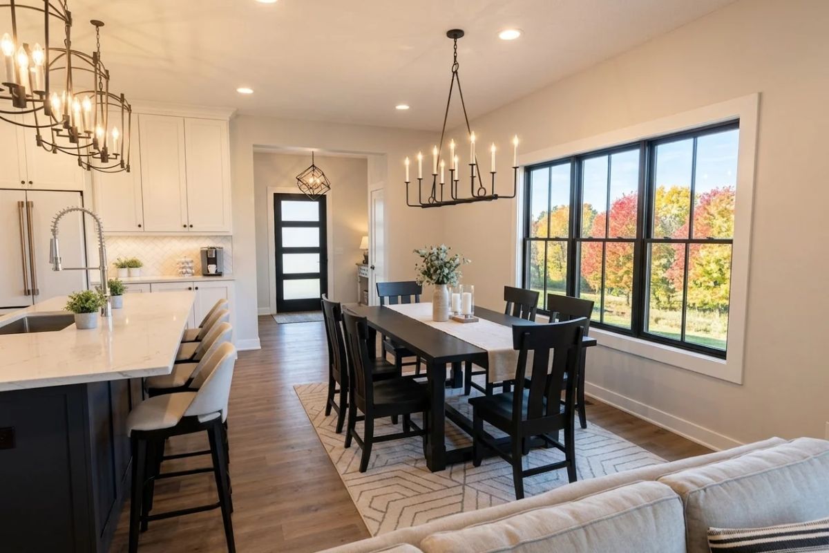 Open-Plan Dining Where Fall Colors Do the Decorating