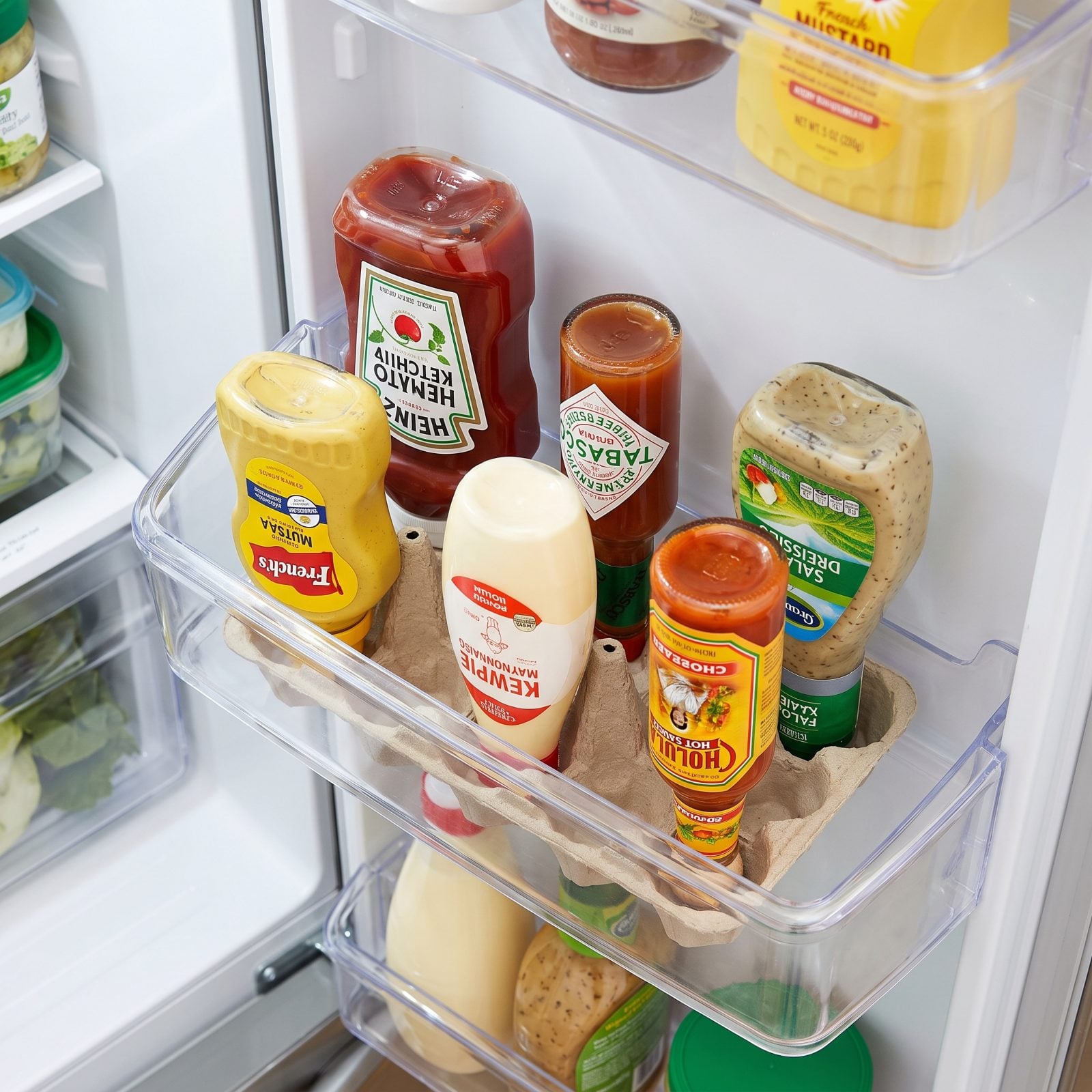 Store Condiment Bottles Upside Down in an Egg Carton