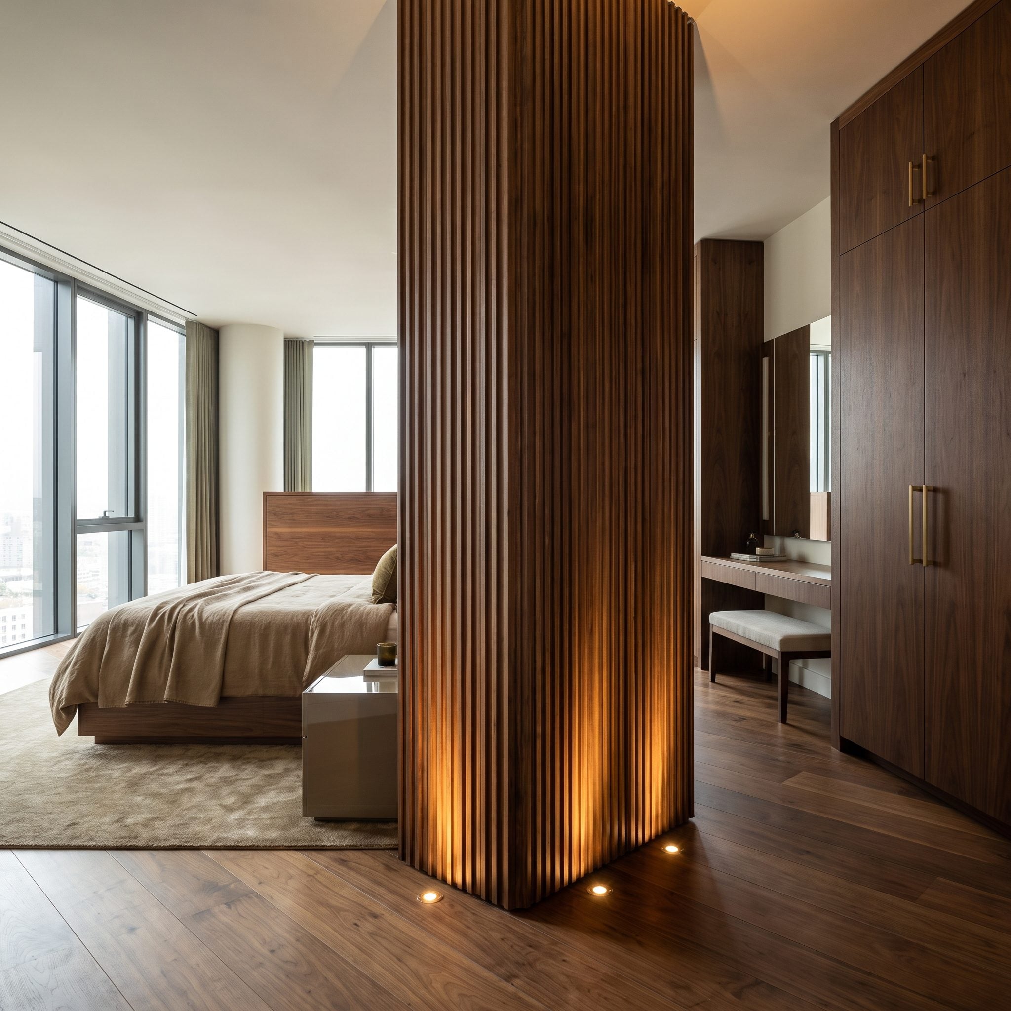 Fluted walnut structural column dividing a contemporary bedroom from a dressing area with smoked-glass wardrobes