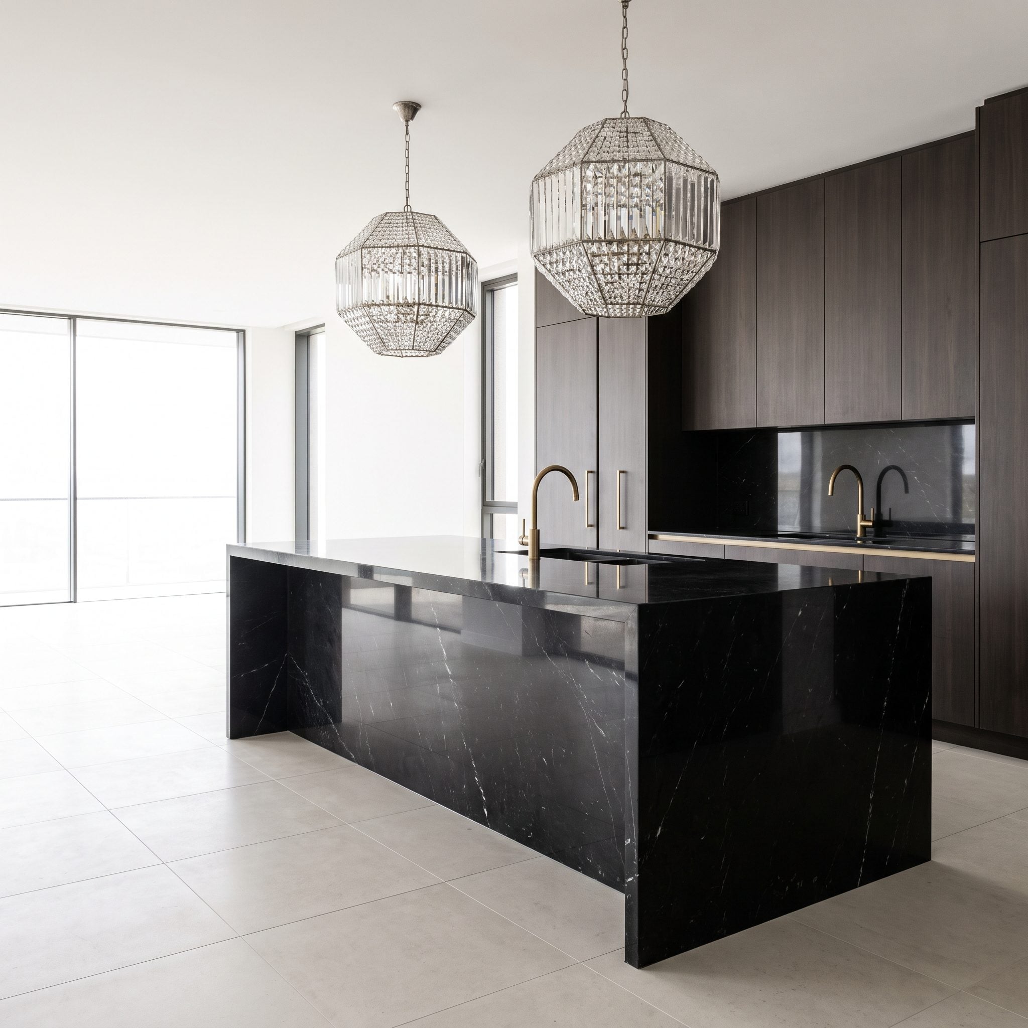 Substantial Black-Marble Island With Two Oversized Prismatic Pendants