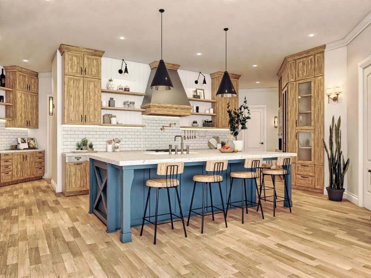 Blue Island Base Against Warm Wood Cabinets Is a Combination That Holds Up