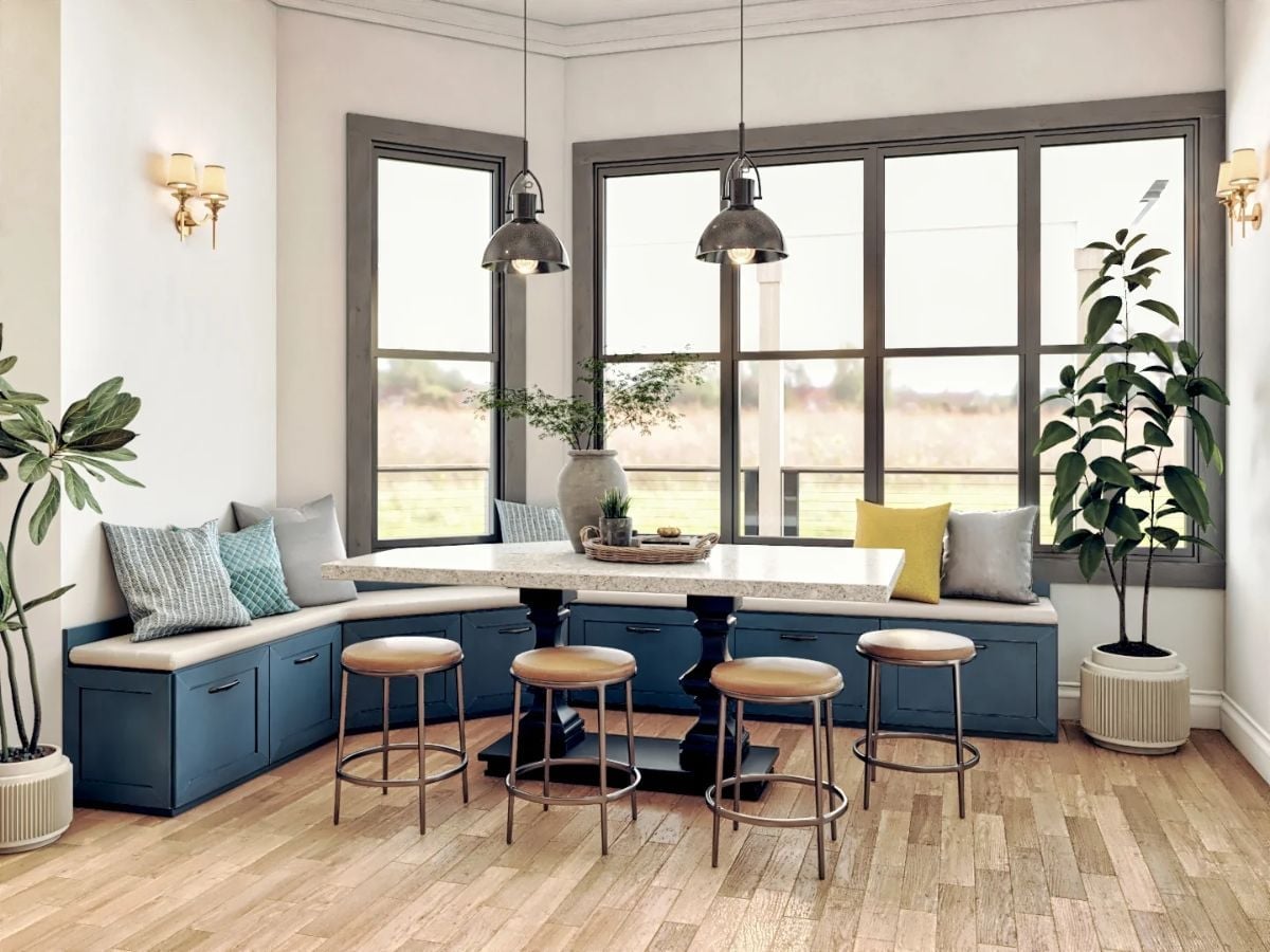 Built-In Banquette with Navy Storage Base Proves Breakfast Nooks Don't Have to Be Precious