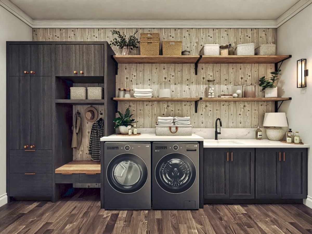 Charcoal Cabinetry and Open Wood Shelving Built for a Laundry Room That Actually Works