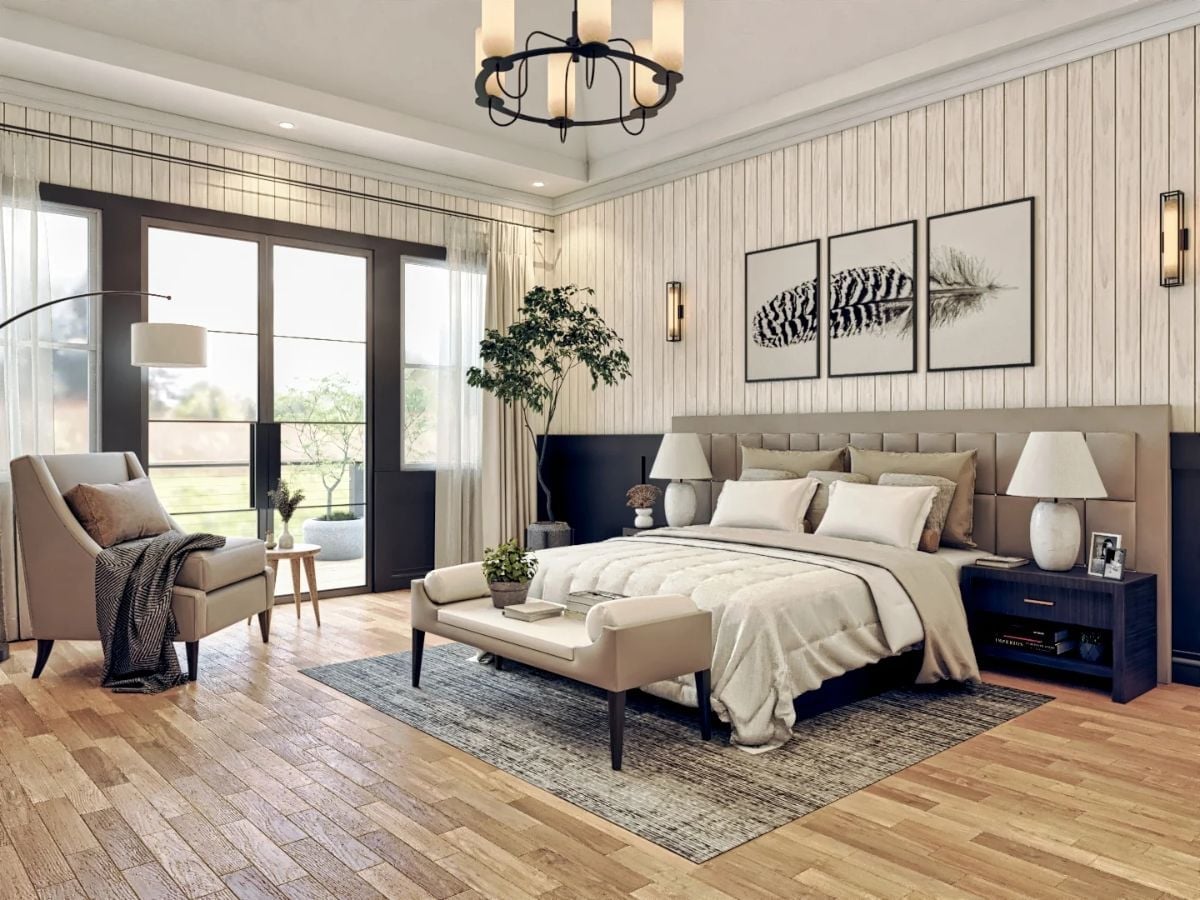 Shiplap Walls and Navy Nightstands in a Master Bedroom That Earns Its Keep