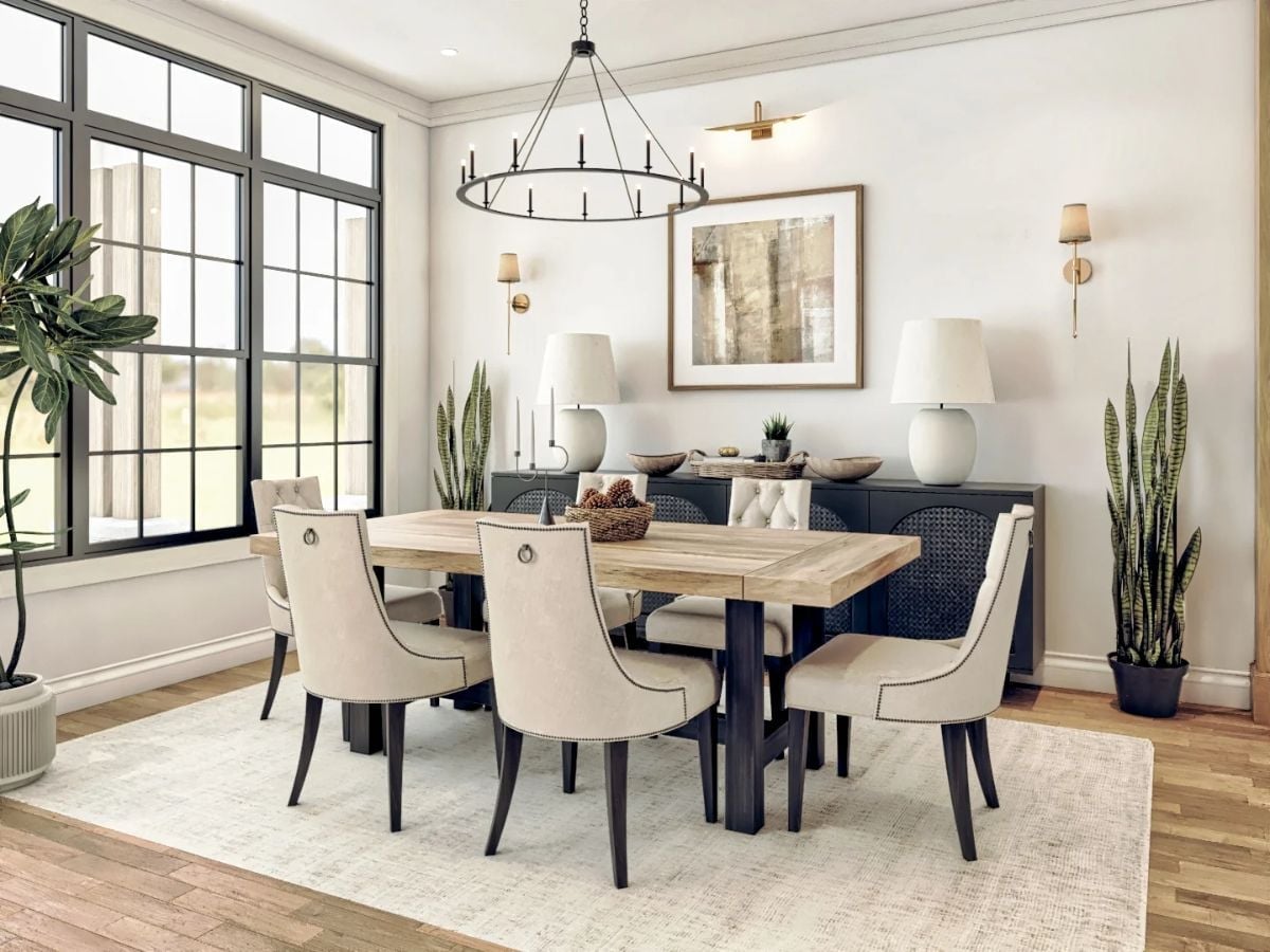 Wagon-Wheel Chandelier and Tufted Linen Chairs That Don't Try Too Hard