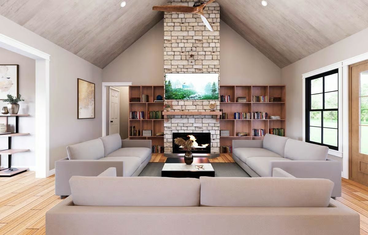 Stone Chimney Tower, Built-In Shelves, and a Vaulted Ceiling That Actually Earns Its Height