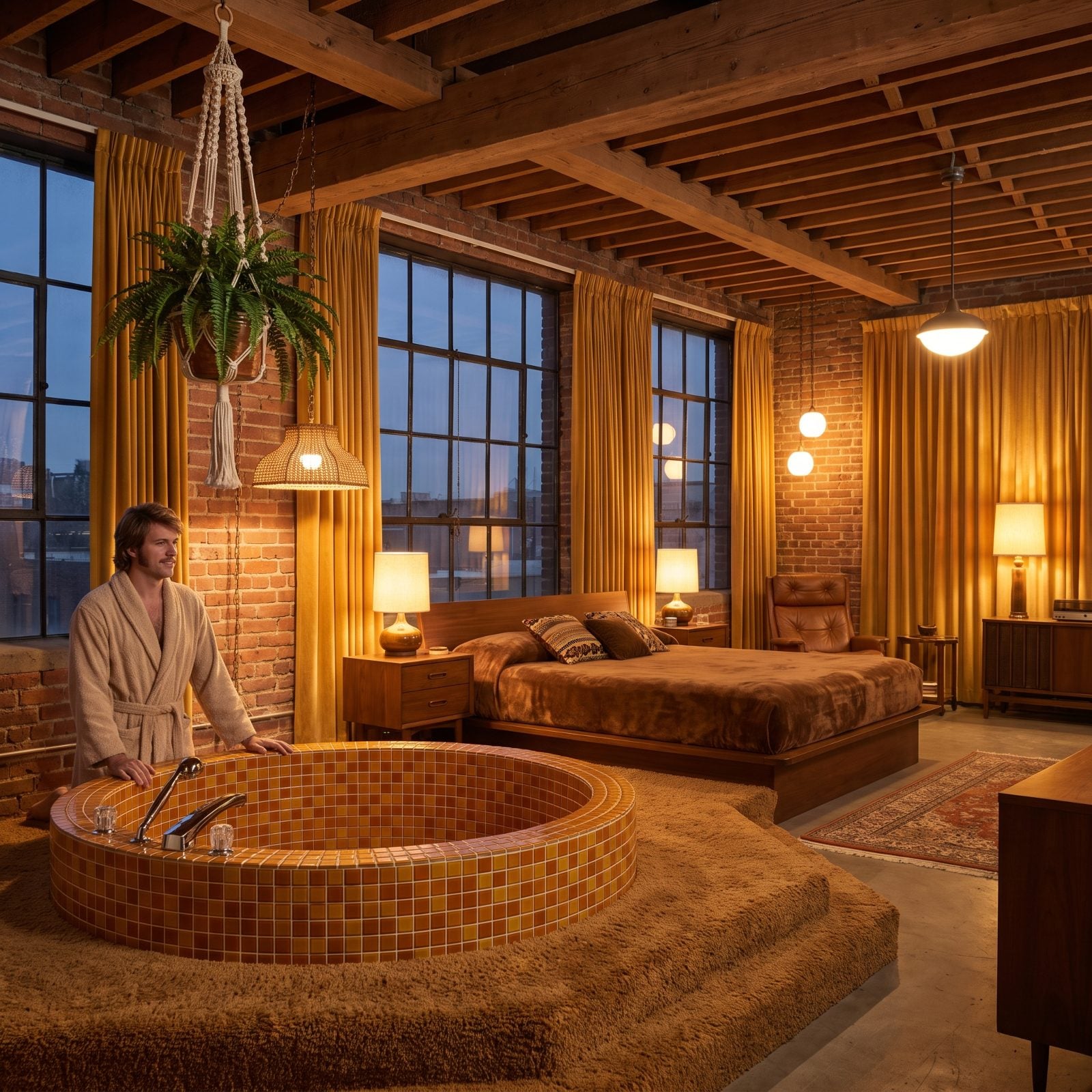 A Sunken Bathtub Installed Right in the Open Bedroom