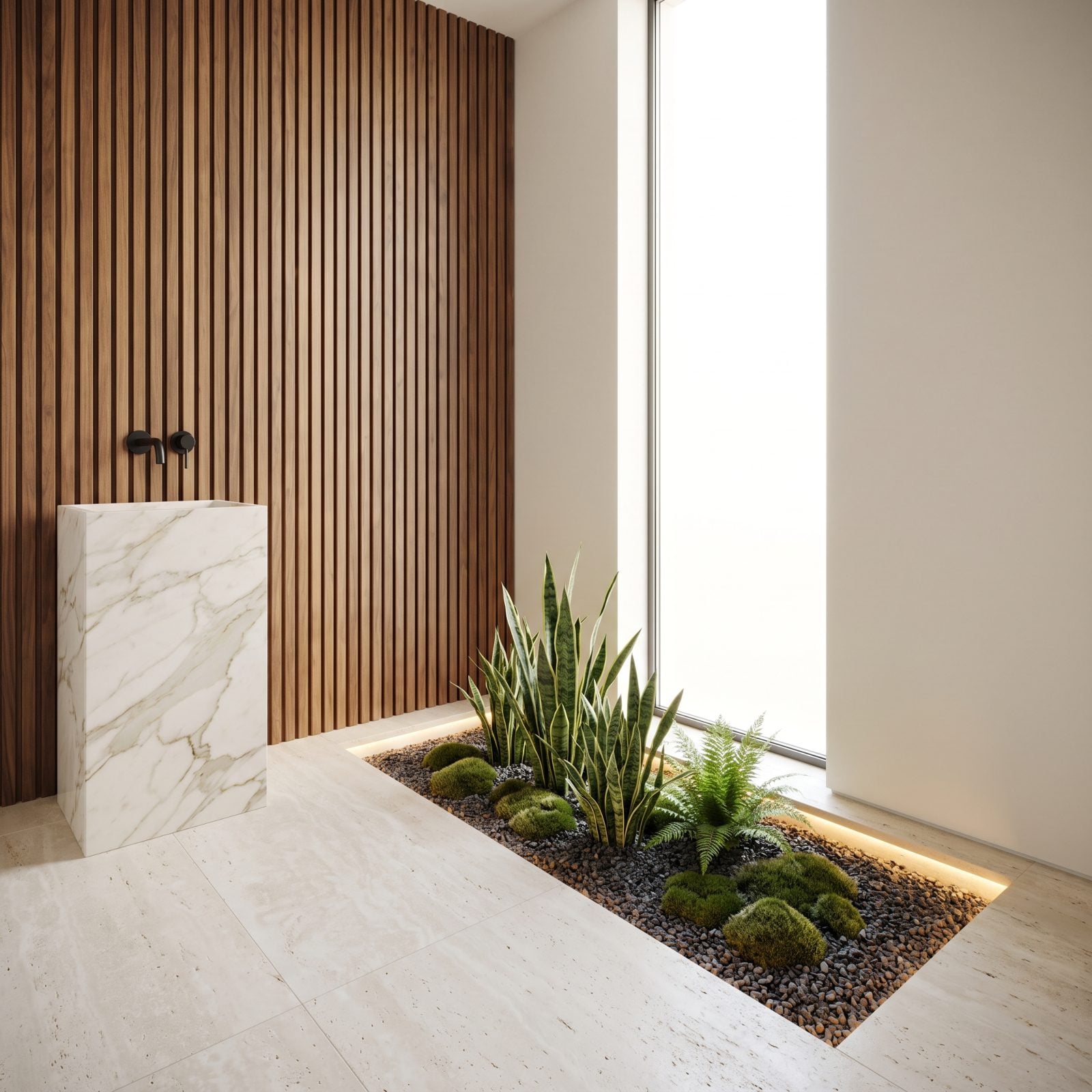 A Sunken Planter Tucked Between Marble Basin and Walnut