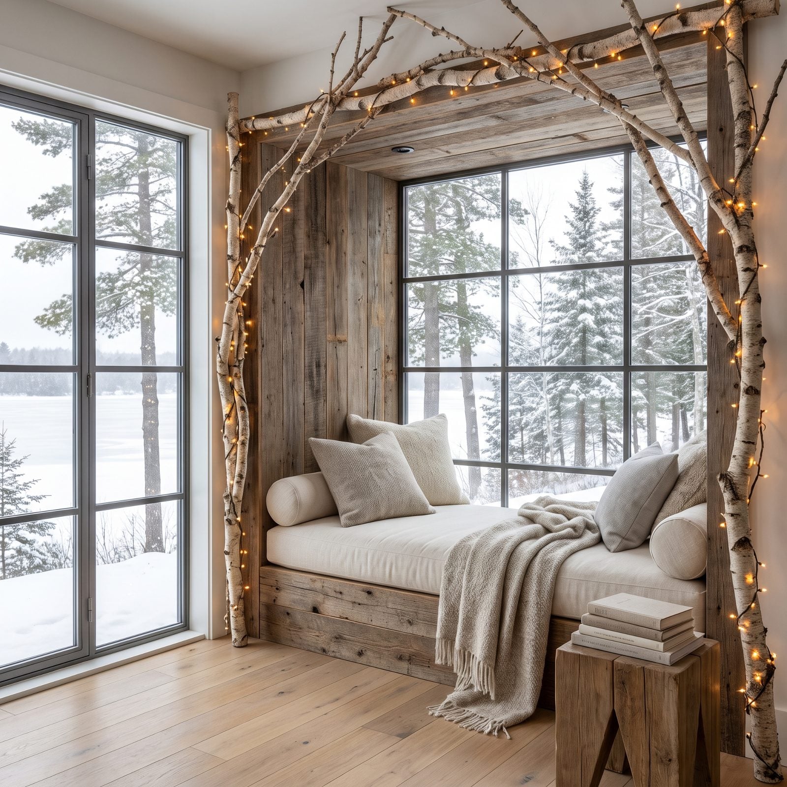A Sunroom Daybed Framed by Winter Branches