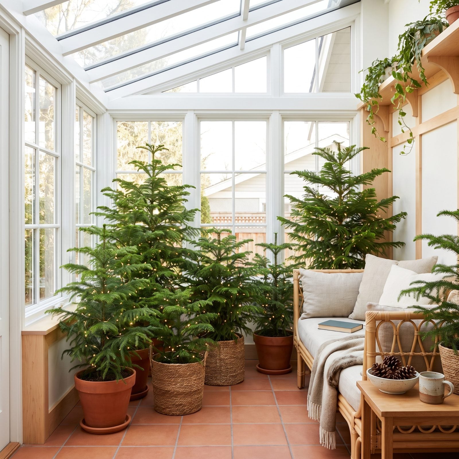 A Sunroom Filled With Potted Norfolk Island Pines