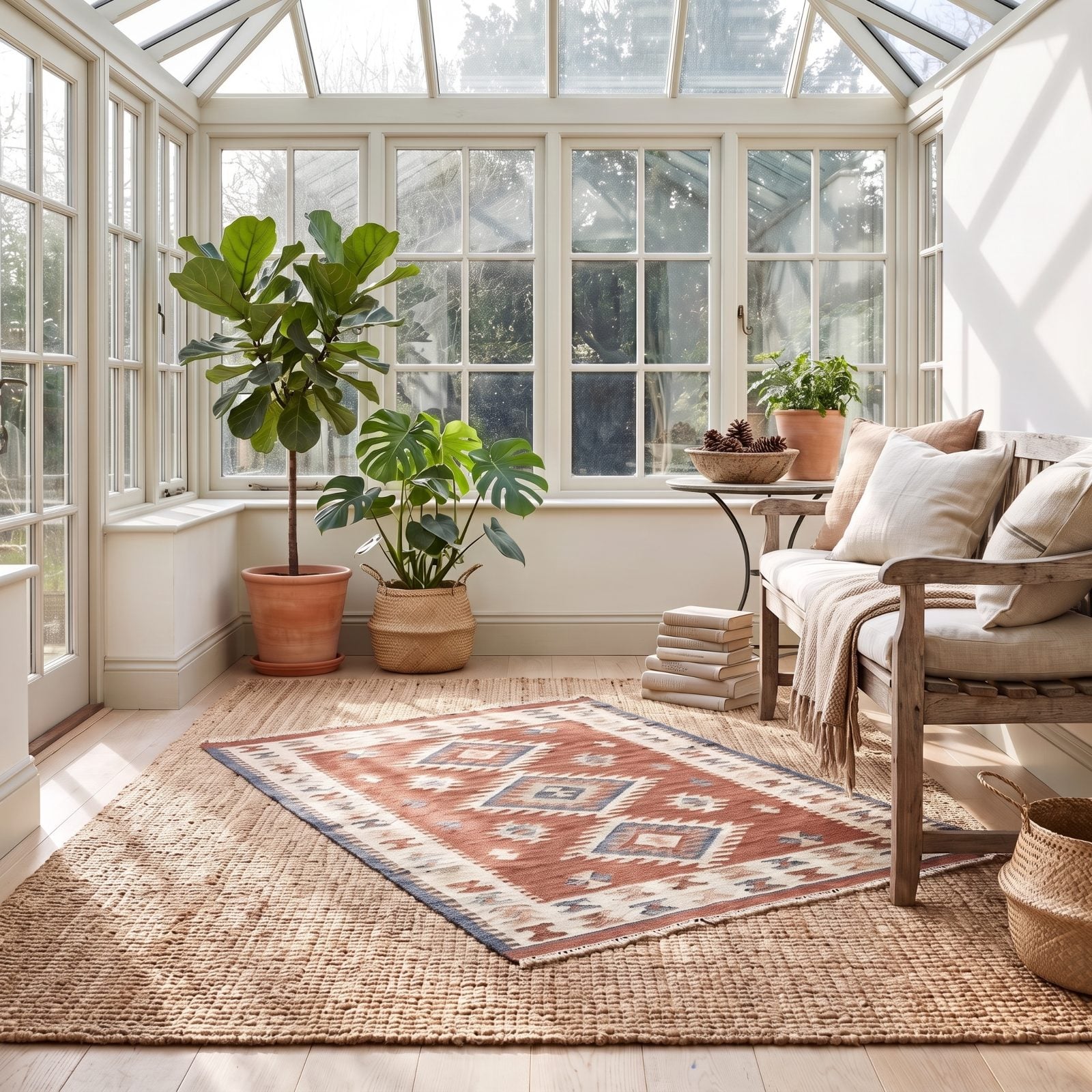 A Sunroom Grounded by Layered Flat-Weave Rugs