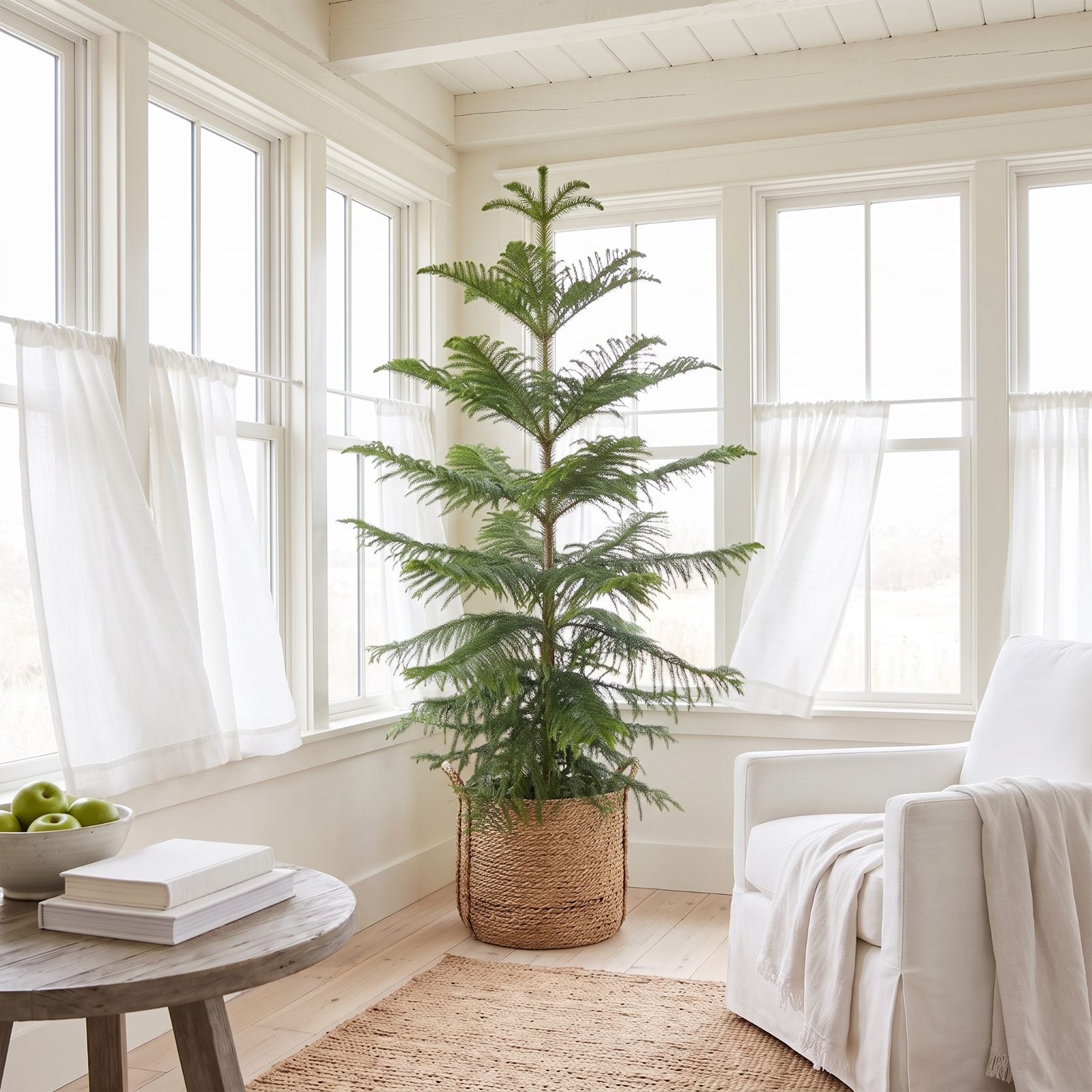 A Sunroom With a Norfolk Pine in a Woven Basket