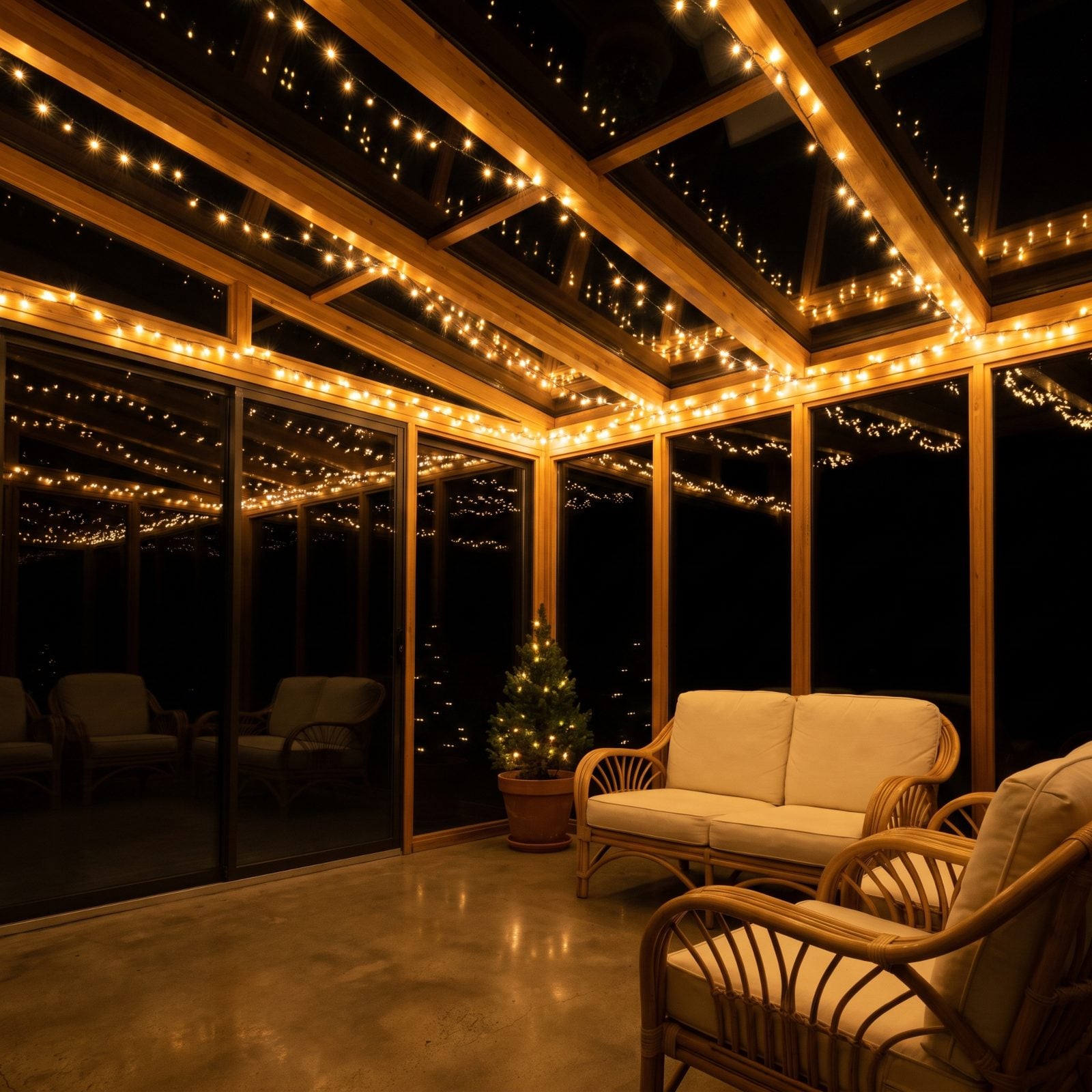 A Sunroom with String Lights Reflected in Dark Windows