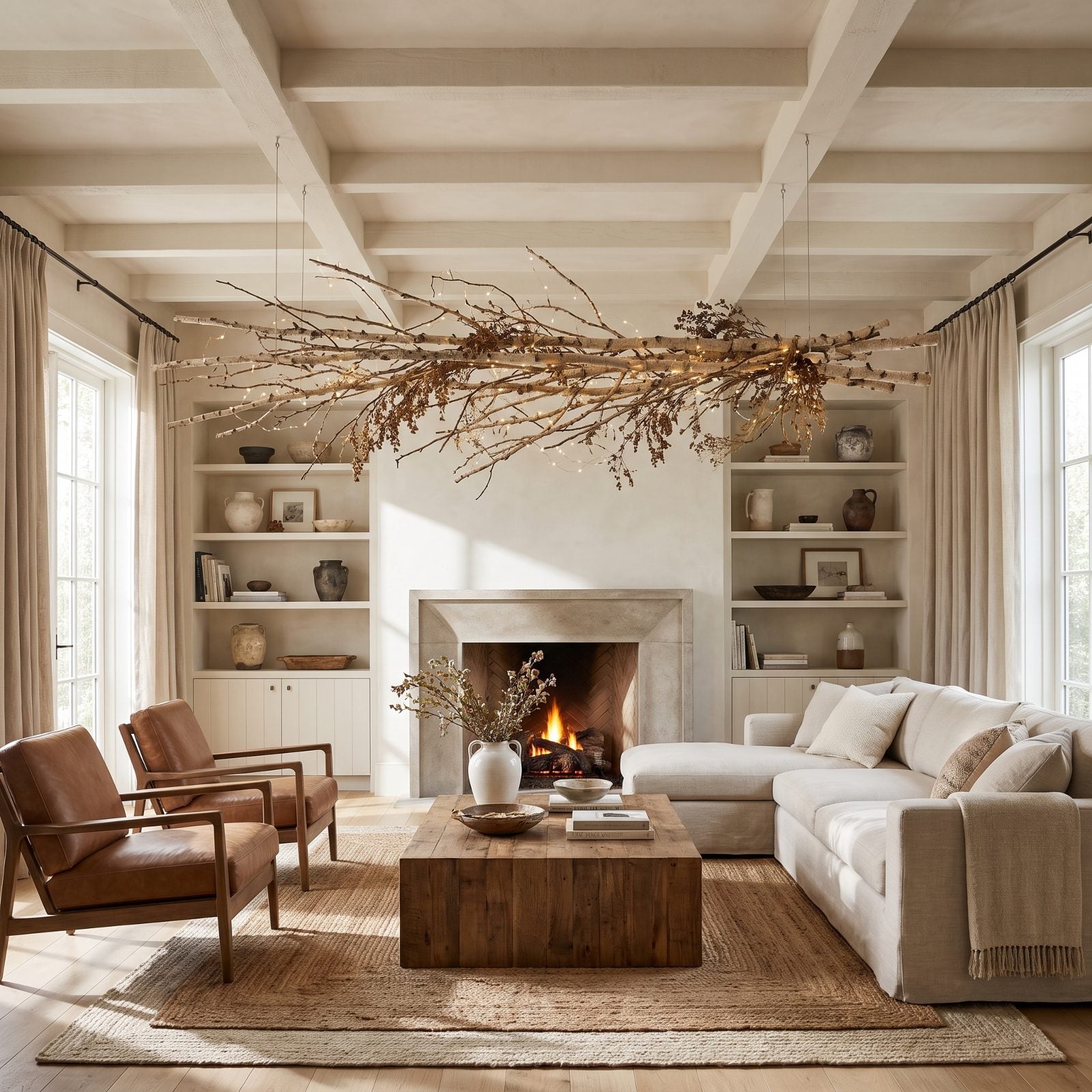 A Suspended Branch Installation Floating Above the Coffee Table