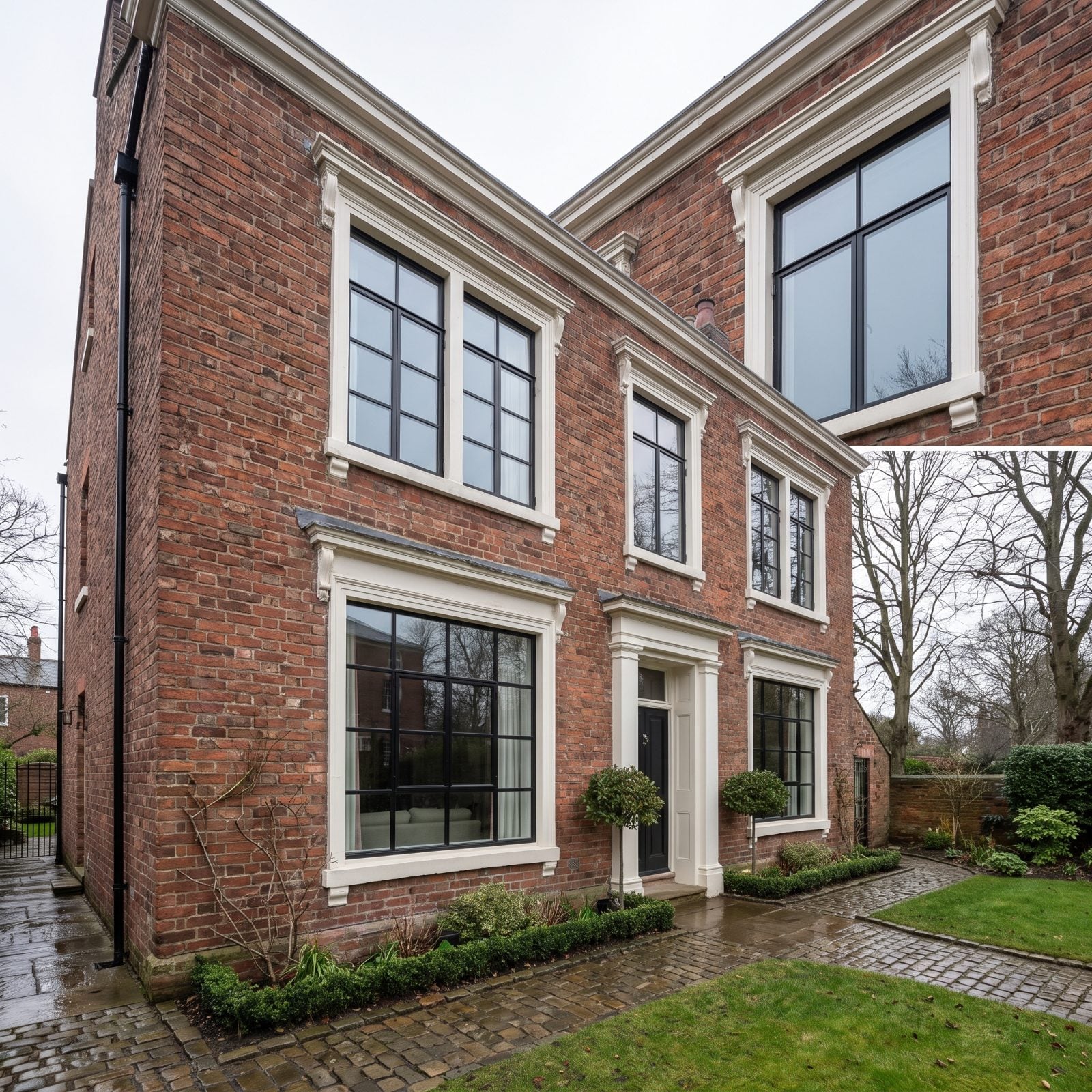 Traditional living room with crown molding and a brick fireplace fitted with slim black-framed windows against white