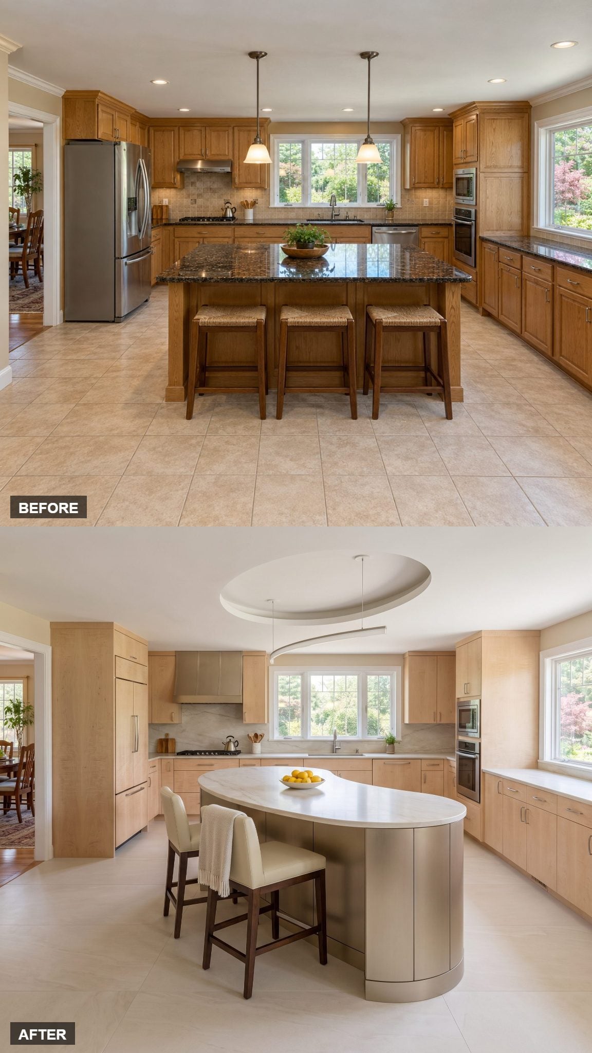 Sweeping Curved Peninsula in a Champagne-and-Cream Kitchen