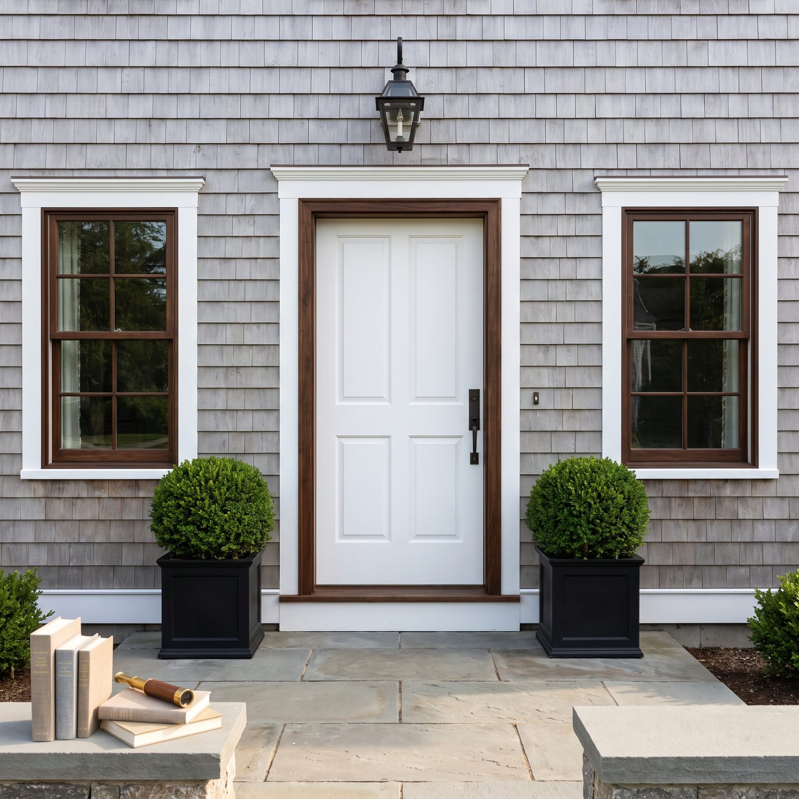 Symmetrical front entry with a centered white door, one lantern above, and matching boxwood planters on each side.