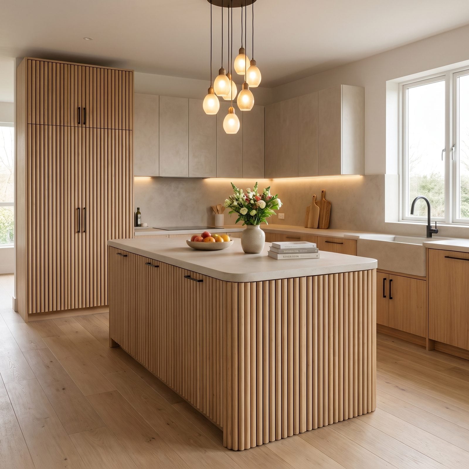 Kitchen with tambour-inspired cabinet doors: Tambour-style white oak slat doors on the island and tall pantry with microcement counters.