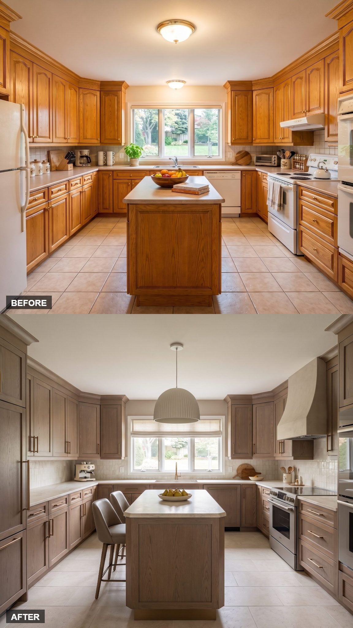 Quiet luxury kitchen with taupe oak cabinetry, mushroom walls, cream stone, and bronze island base