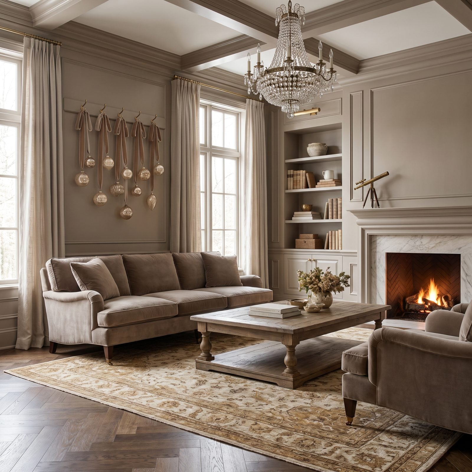 A Taupe Parlor With Champagne Ornaments and Velvet Ribbon