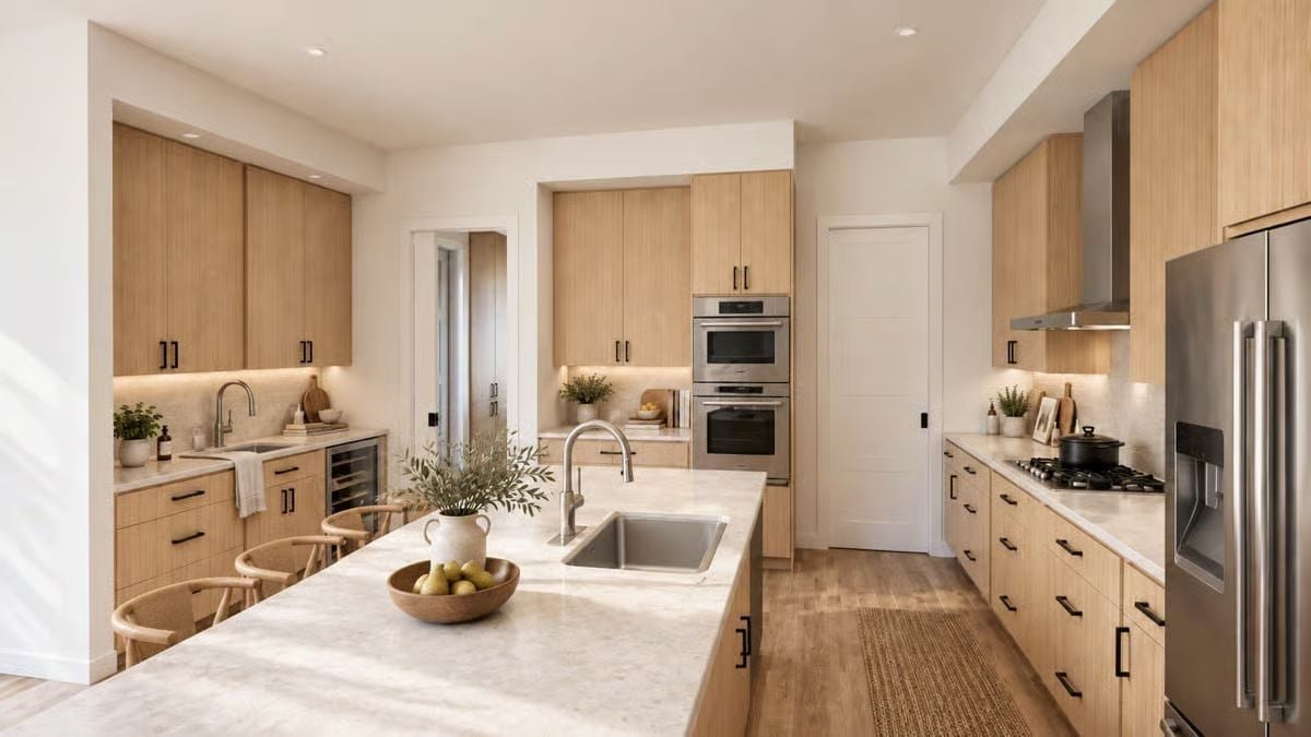 Pale Oak Cabinets, Marble Island, and a Sink Faucet Positioned Just Off-Center