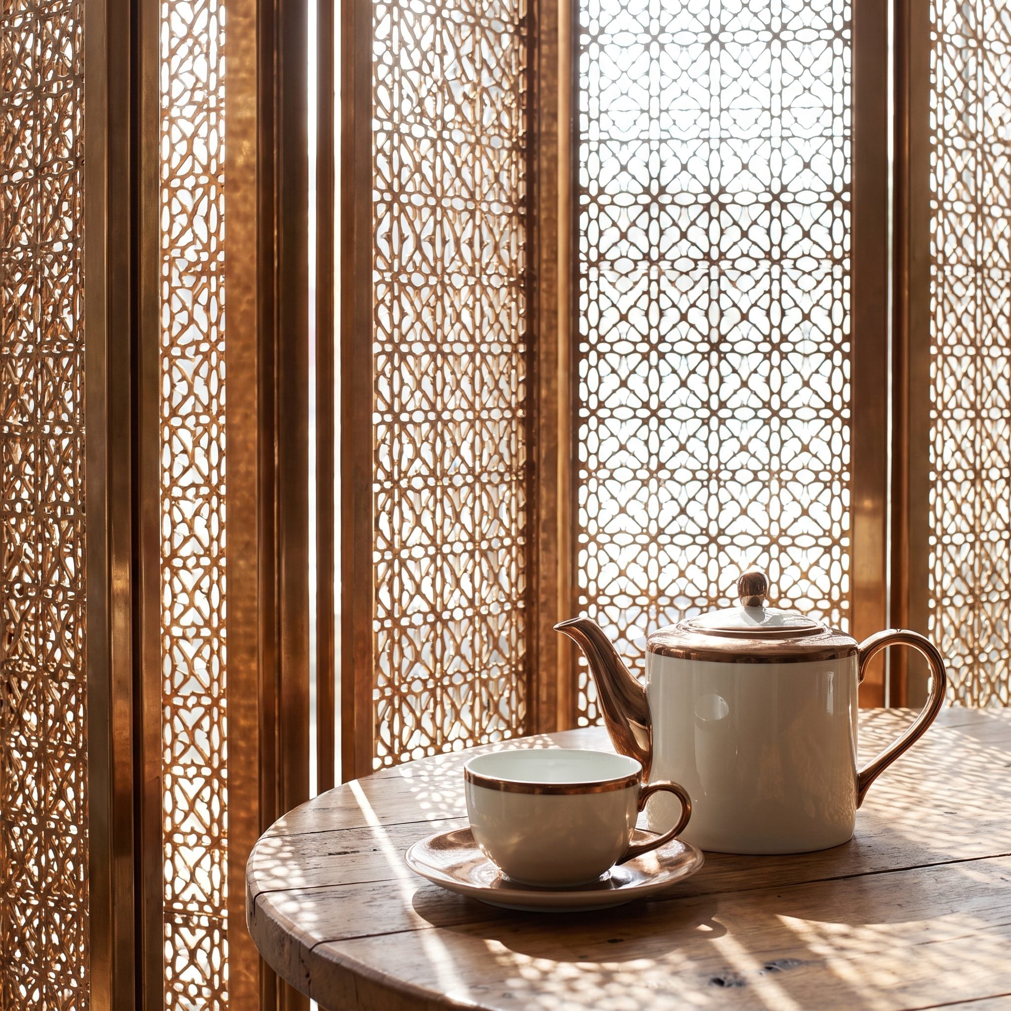 Square tea terrace enclosed by offset perforated bronze screens casting patterned shadows, with a round stone table and four clay-colored chairs