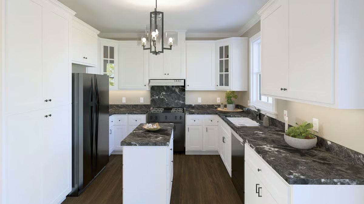 Black Granite, White Shakers, and a Chandelier That Doesn't Try Too Hard