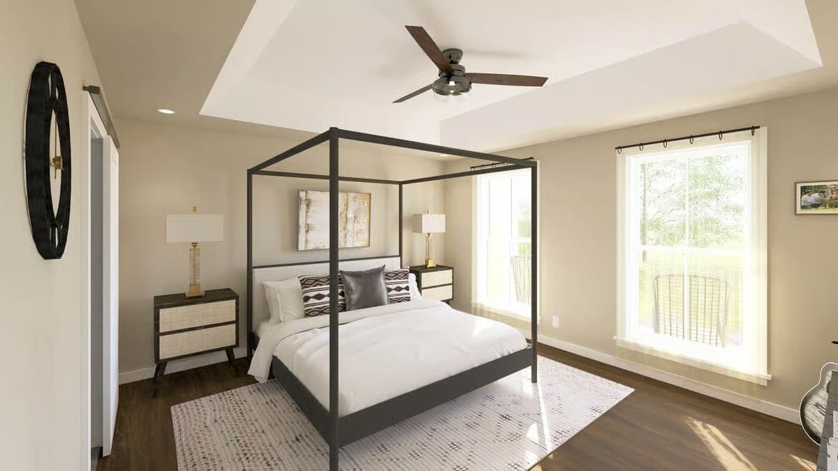 Four-Post Frame, Tray Ceiling, and a Fan That Centers the Whole Room