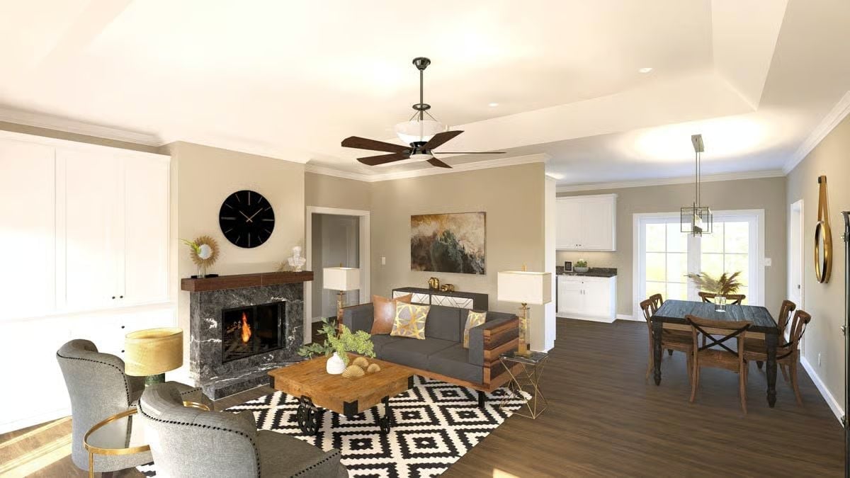 Marble Fireplace, Gray Sofa, and a Ceiling Fan That Earns Its Keep