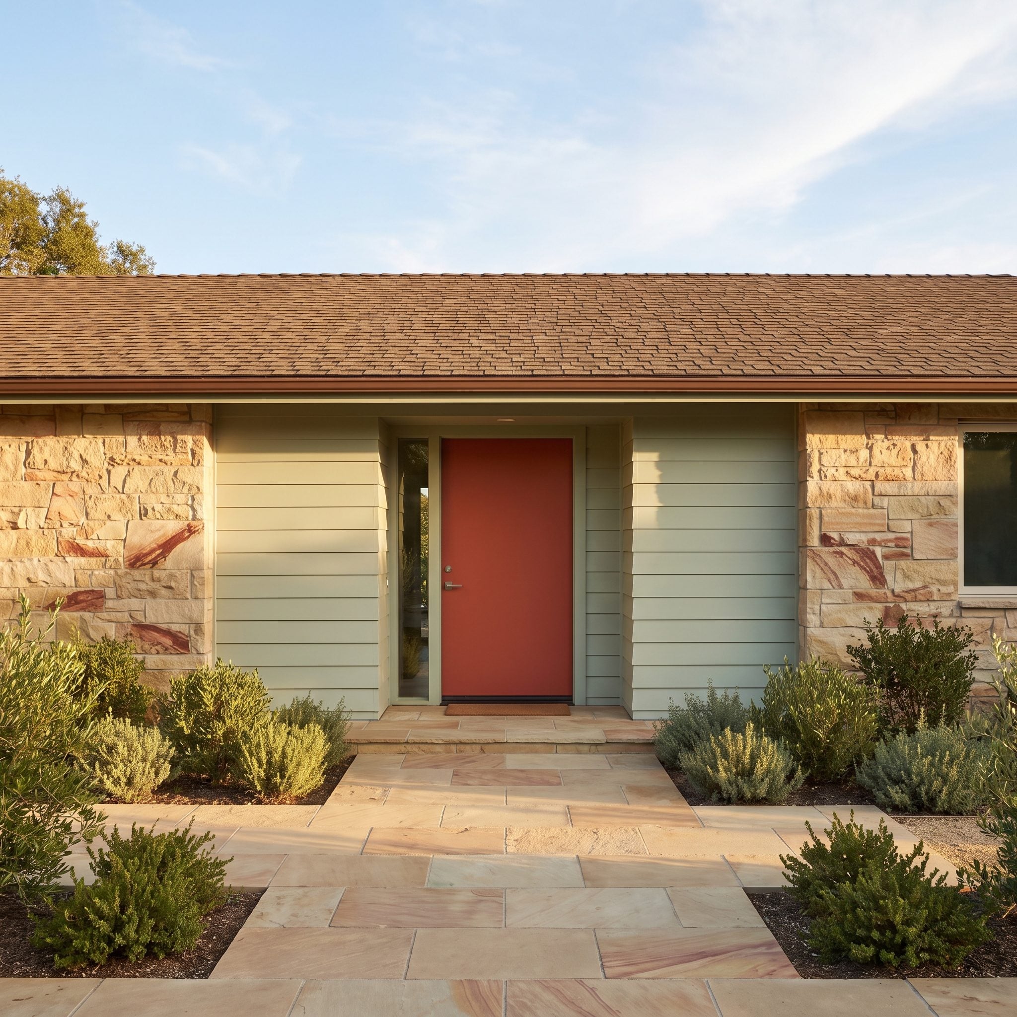 Terracotta-colored front door on a sage-green ranch house with warm sandstone accents