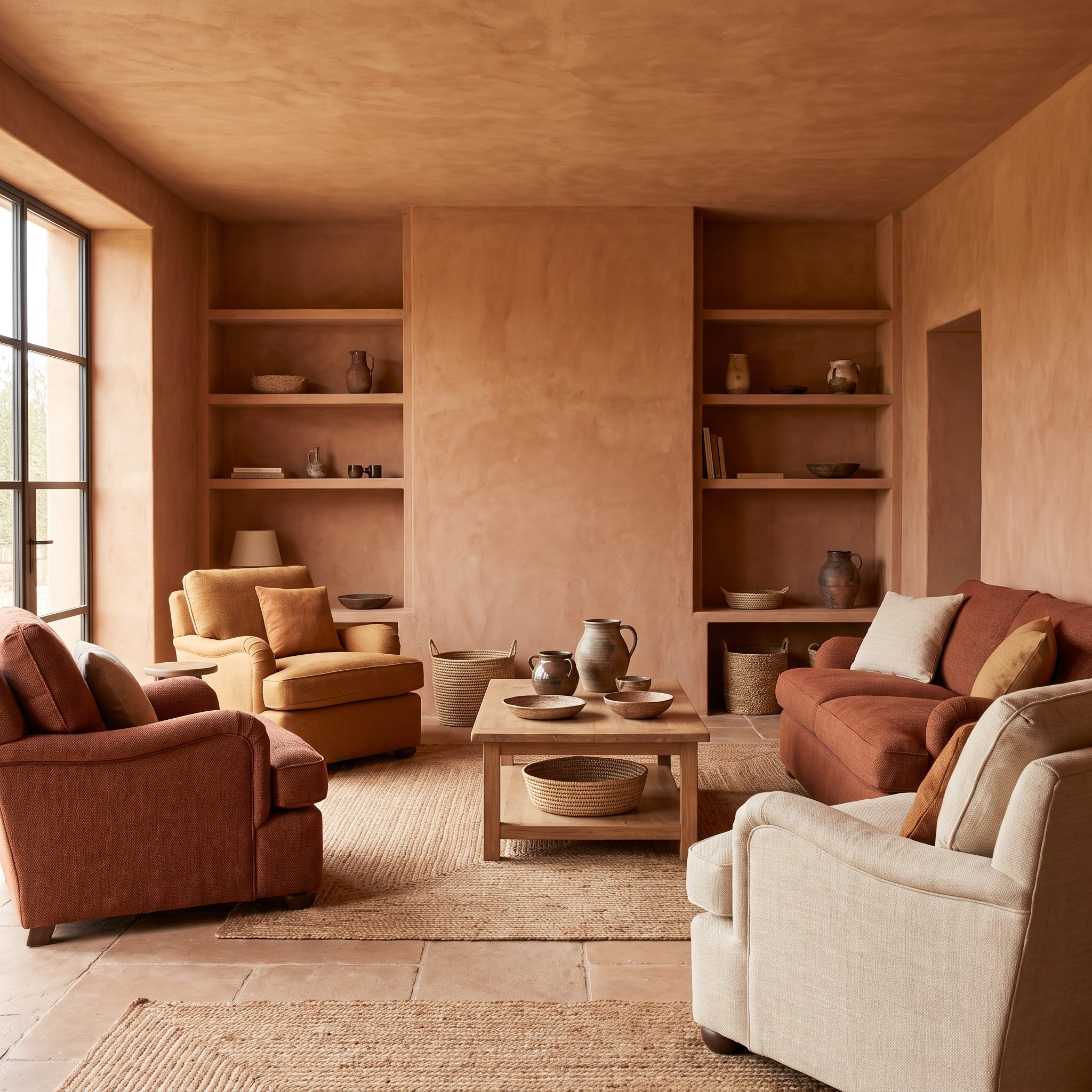 Terracotta Sitting Room, An Earthy Palette Replaces the Need for a Feature Wall