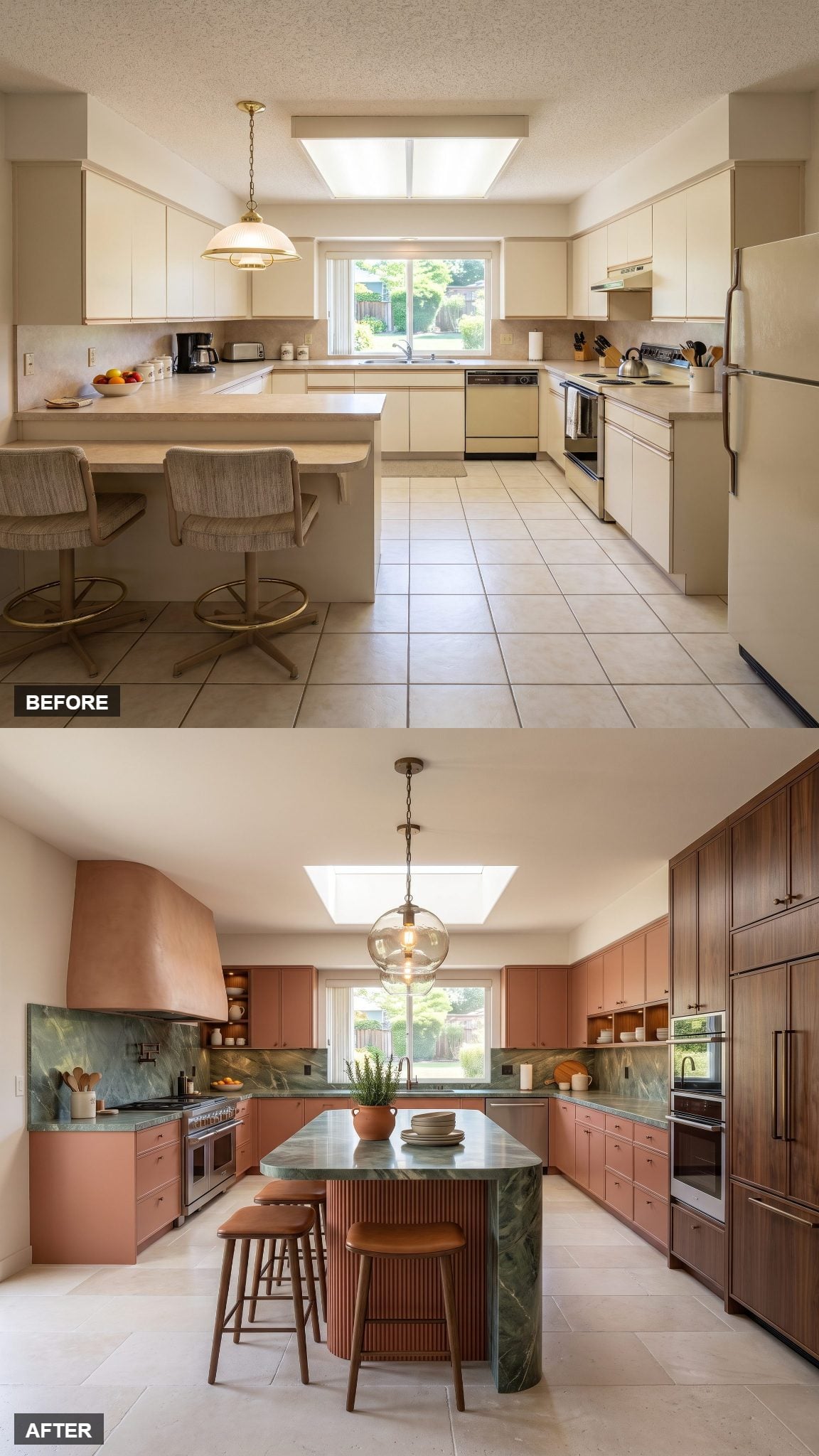 Terracotta kitchen cabinetry with Verde marble