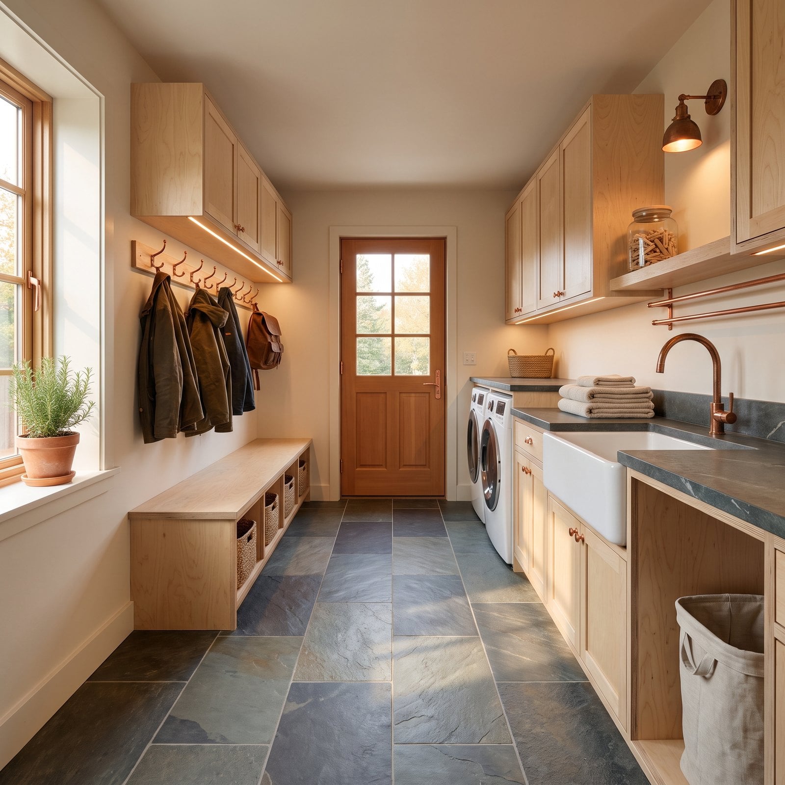 The Laundry-Mudroom Combo Done Right, With Slate Counters and Birch Cabinets