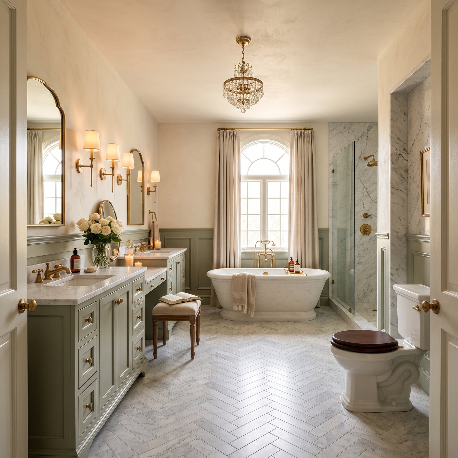 The Primary Suite We'd Build Tomorrow: Sage Cabinetry, Marble and Brass