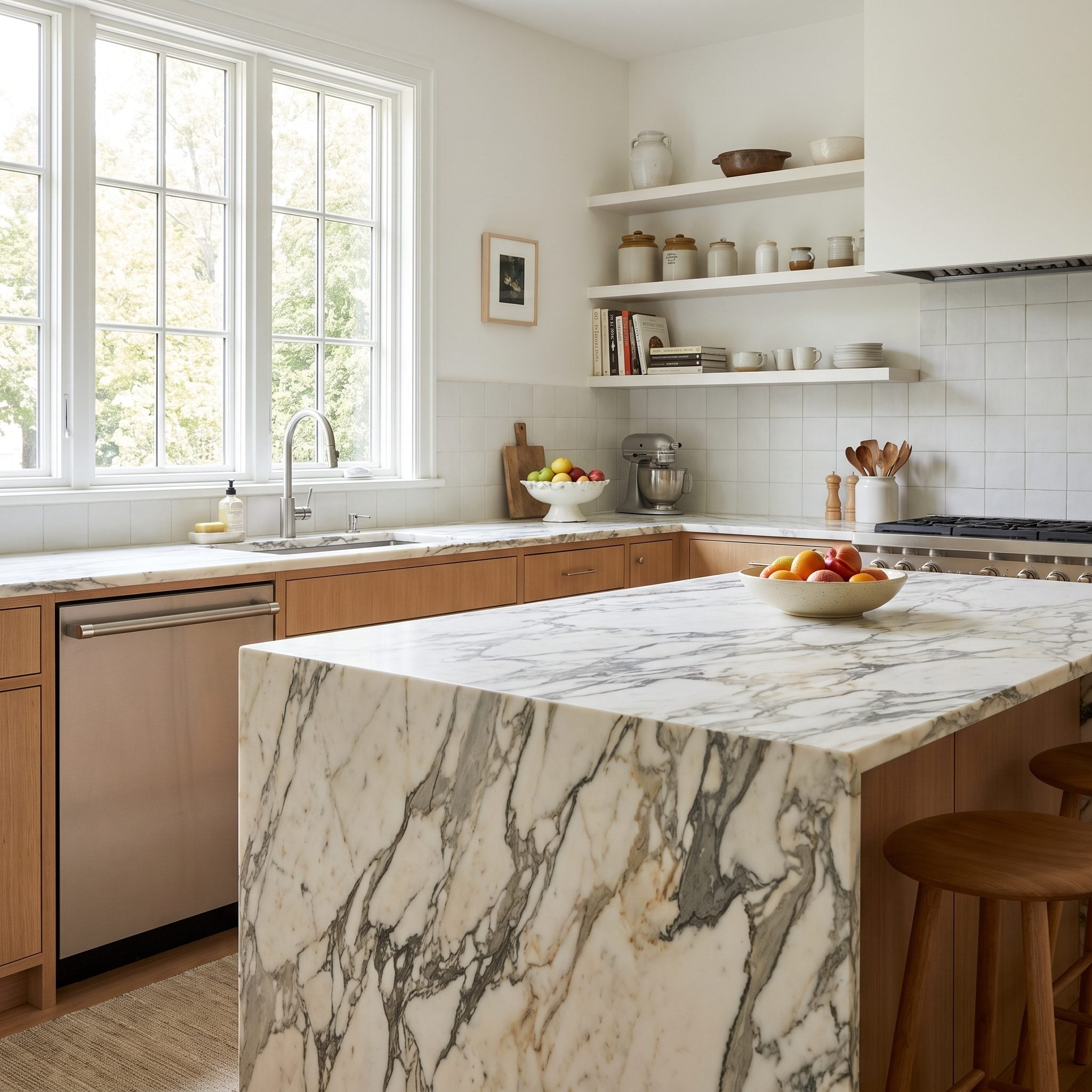 White kitchen with a dramatically veined quartzite counter and plain white subway tile backsplash that stays quiet behind it.
