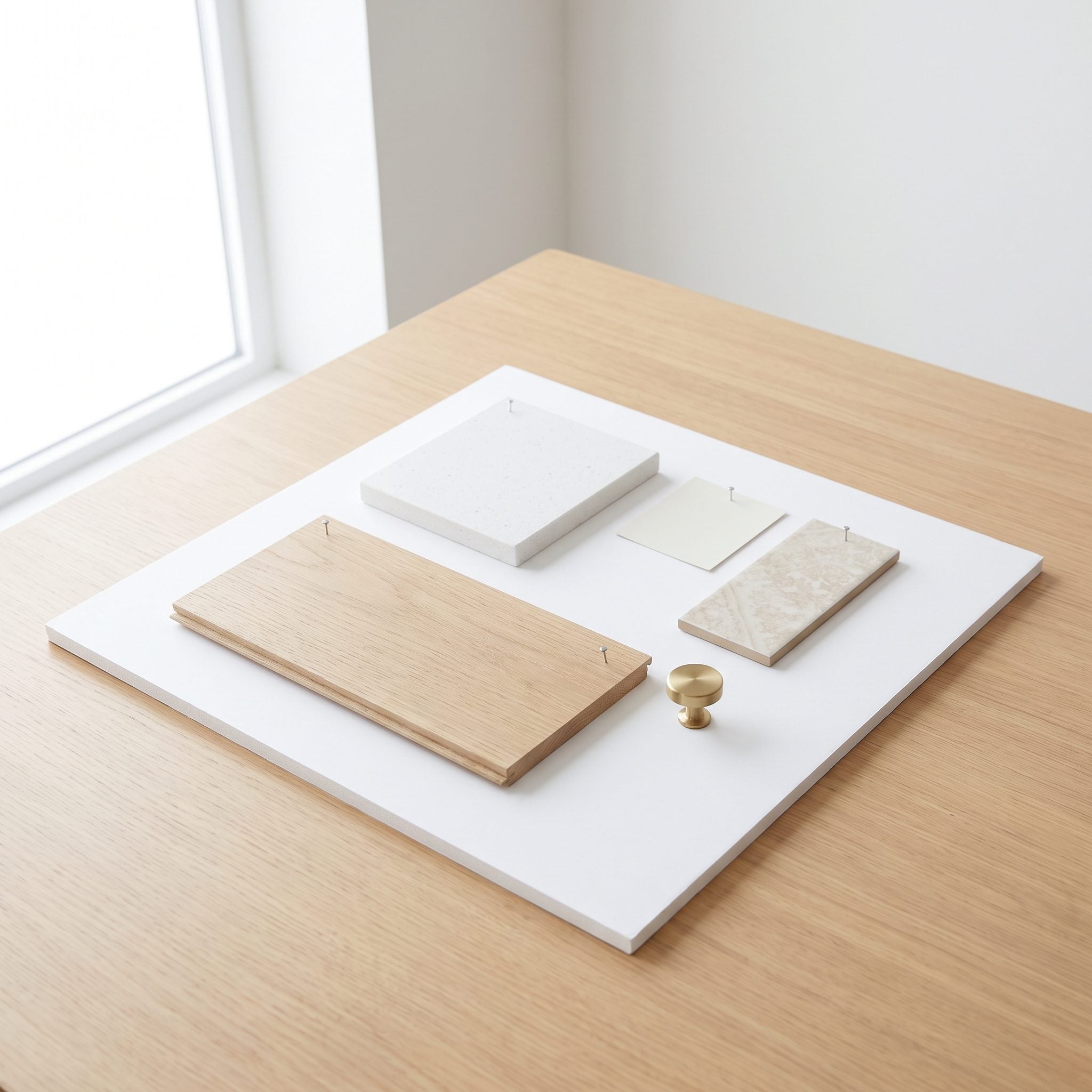 White oak kitchen with a material sample board of quartz, paint chips, tile, and brass hardware laid out on the island.