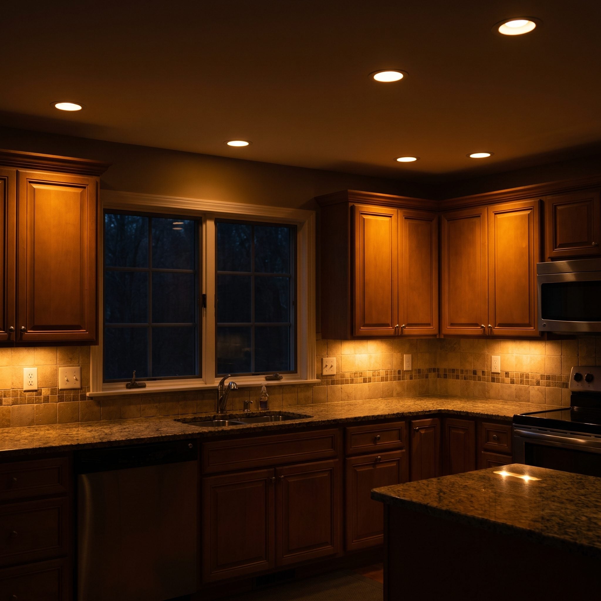 Navy kitchen at dusk lit by warm recessed and under-cabinet lighting with a paint swatch taped to an upper door.
