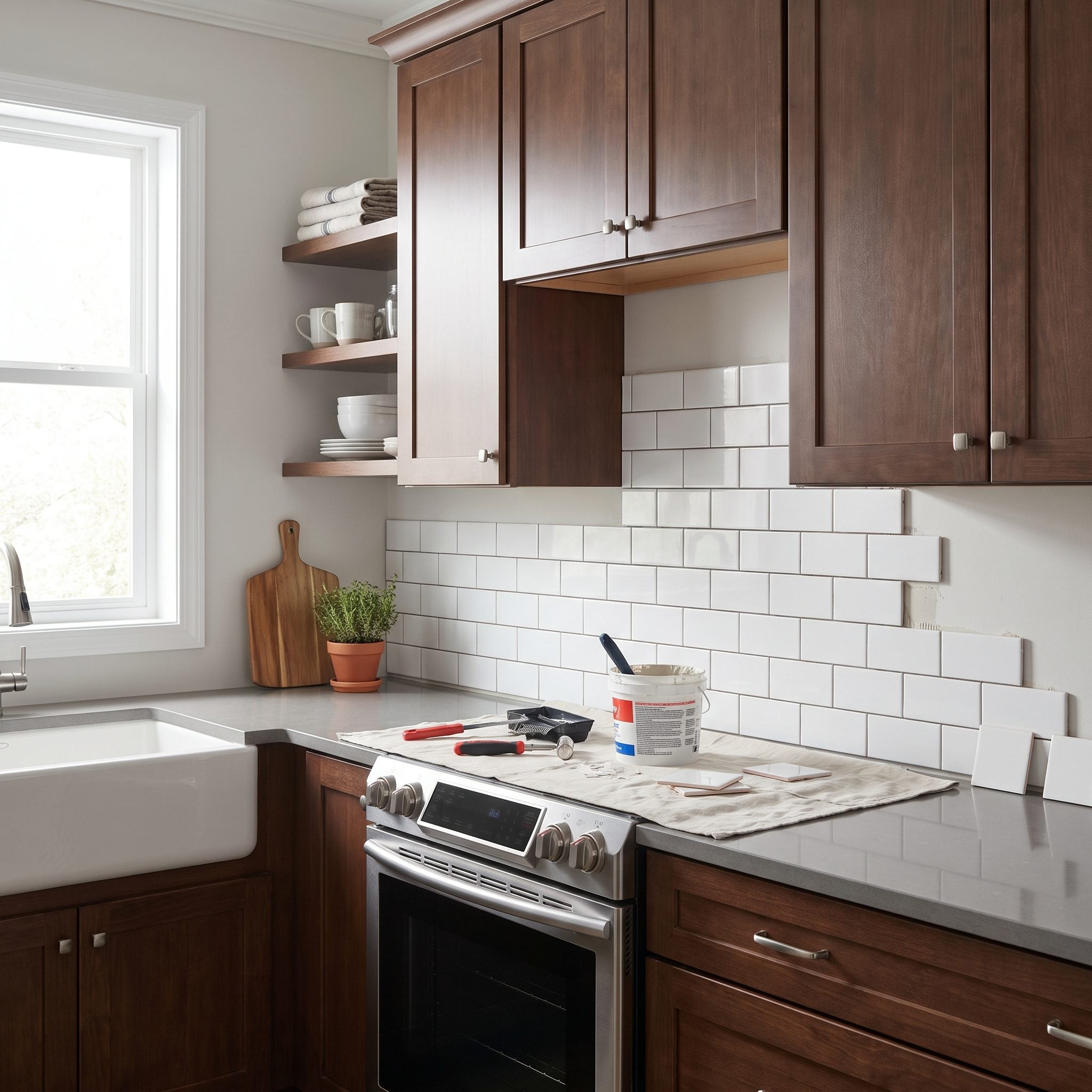 Green kitchen with coordinated counter and cabinets, and three tile samples propped against bare wall where the backsplash