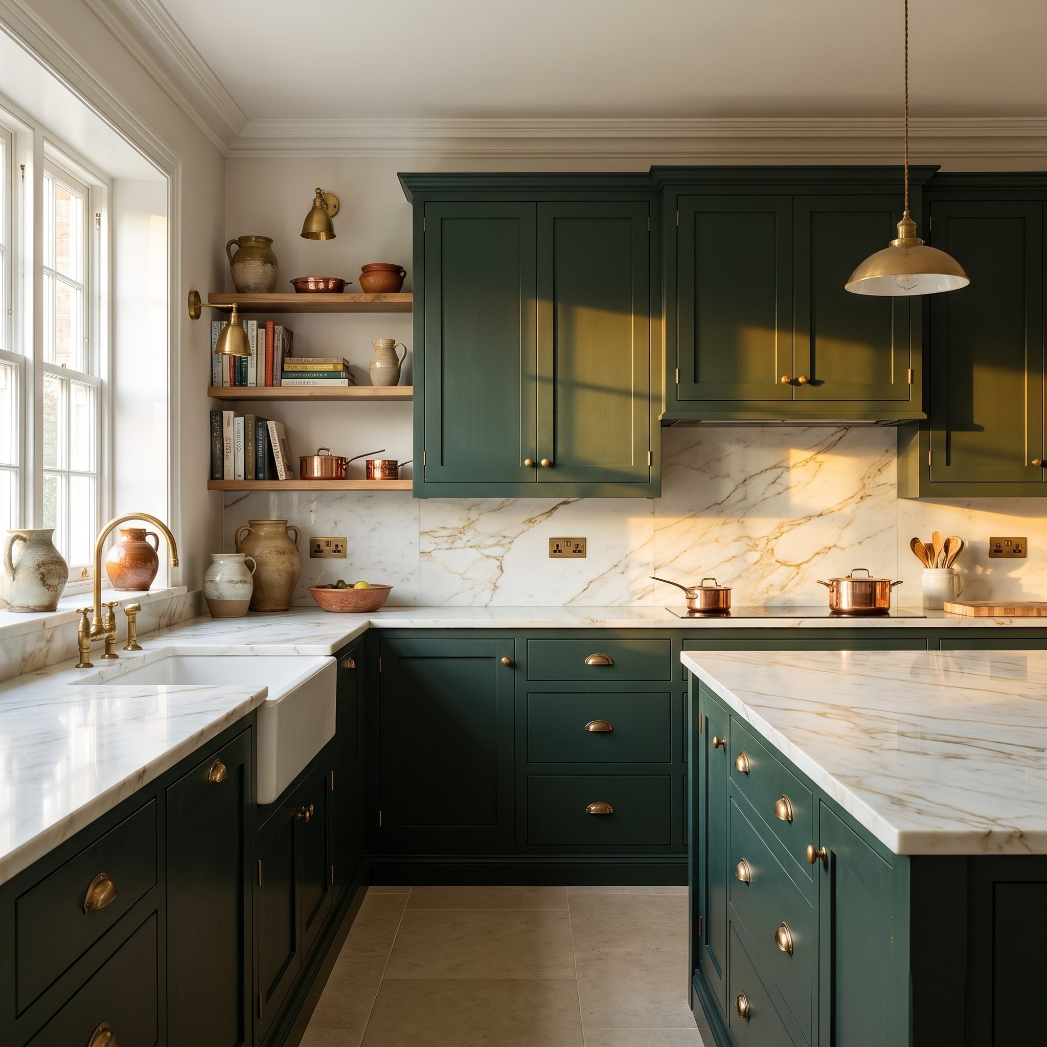 Deep green kitchen cabinetry paired with stone carrying warm gold veining