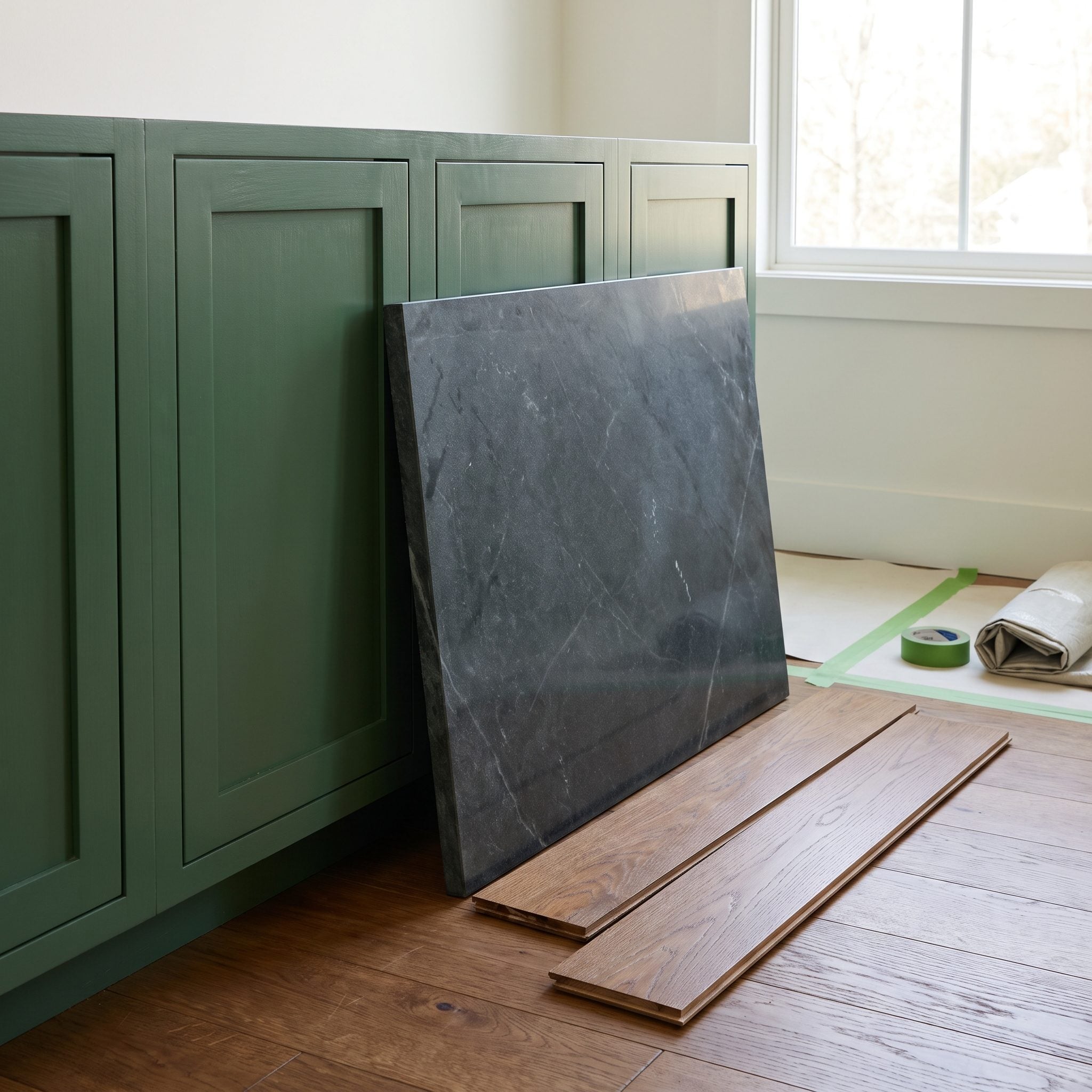 Green lower cabinet kitchen with soapstone counters and oak floors, the cabinet color matched to the stone's undertone.
