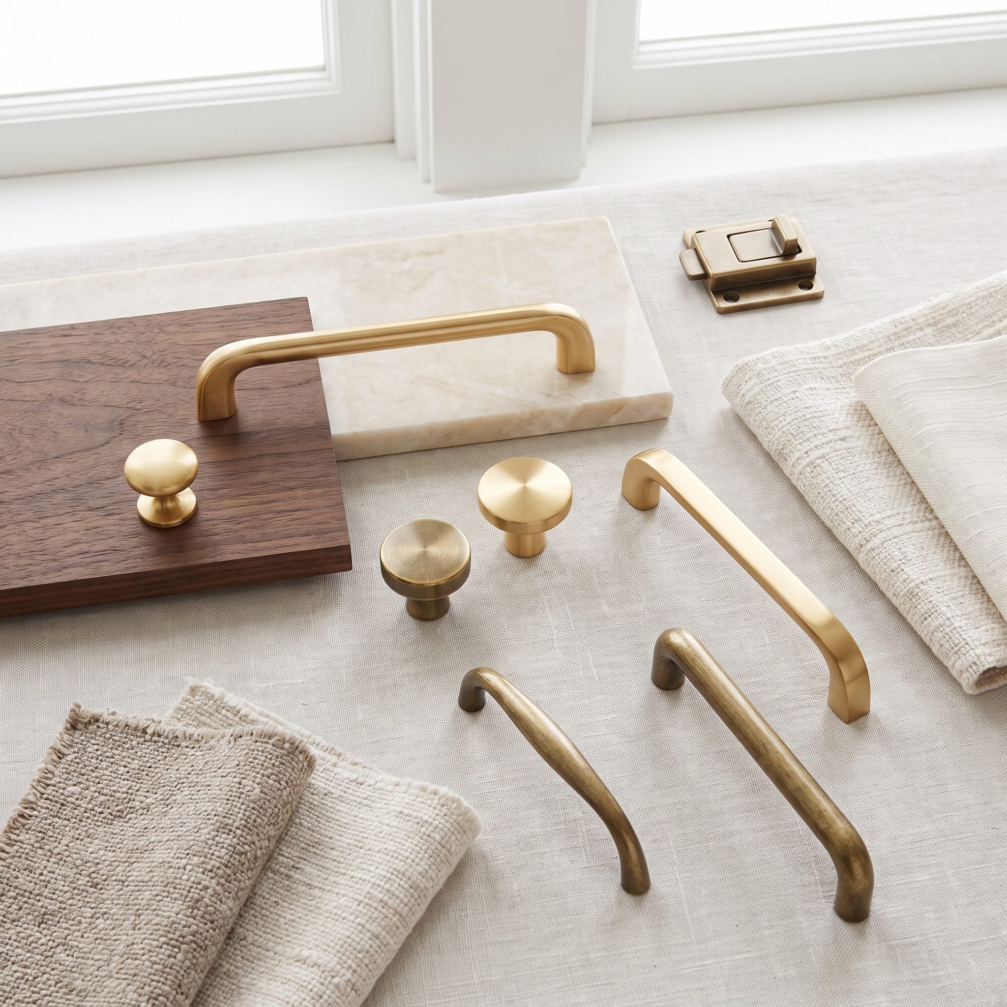 Greige kitchen with creamy quartz and unlacquered brass pulls, a few still in paper sleeves on the counter.